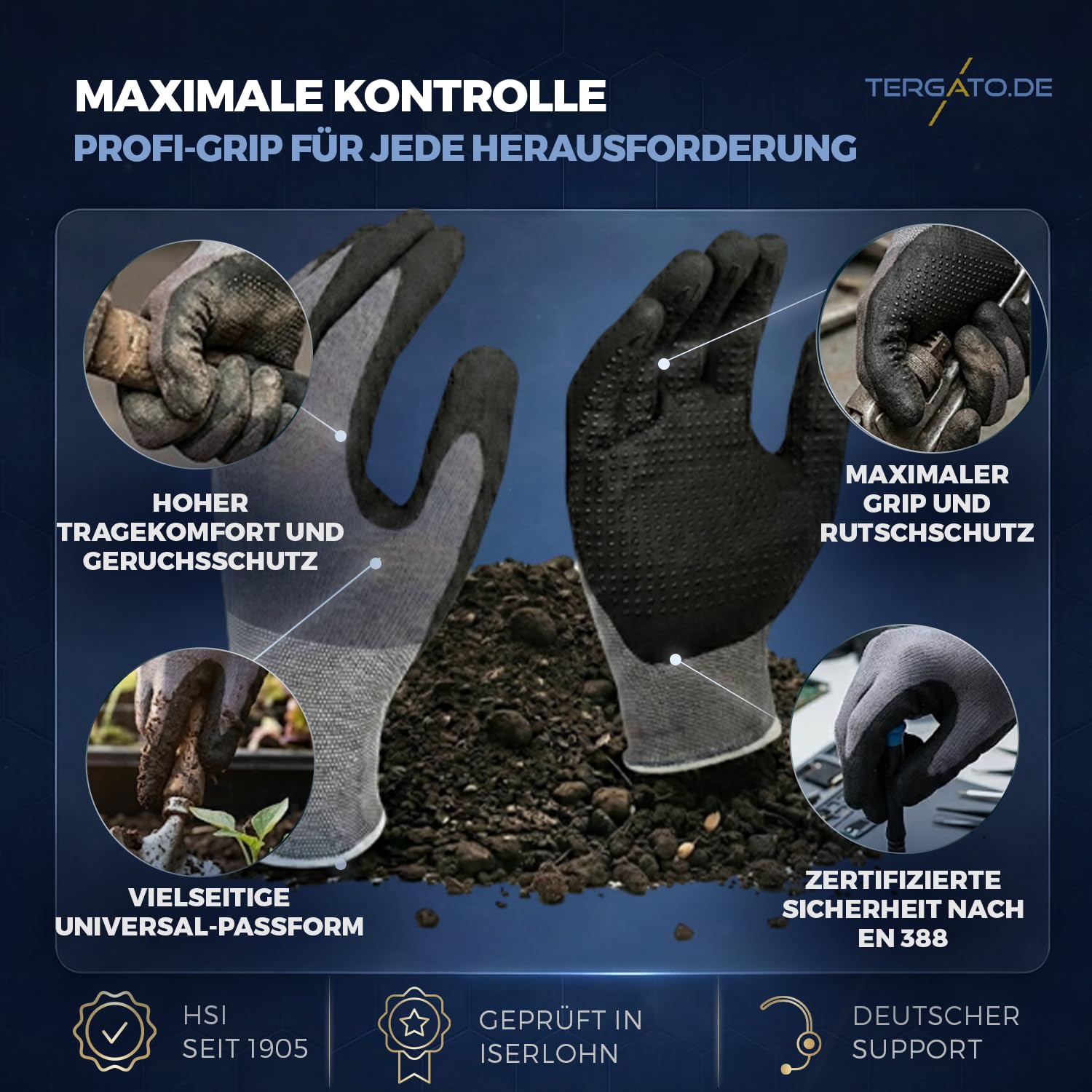 12 guantes de trabajo L (talla 9), guantes de montaje profesional para hombre y mujer, guantes de jardinería con revestimiento de puntos de nitrilo, Oeko-Tex y transpirables, agarre para