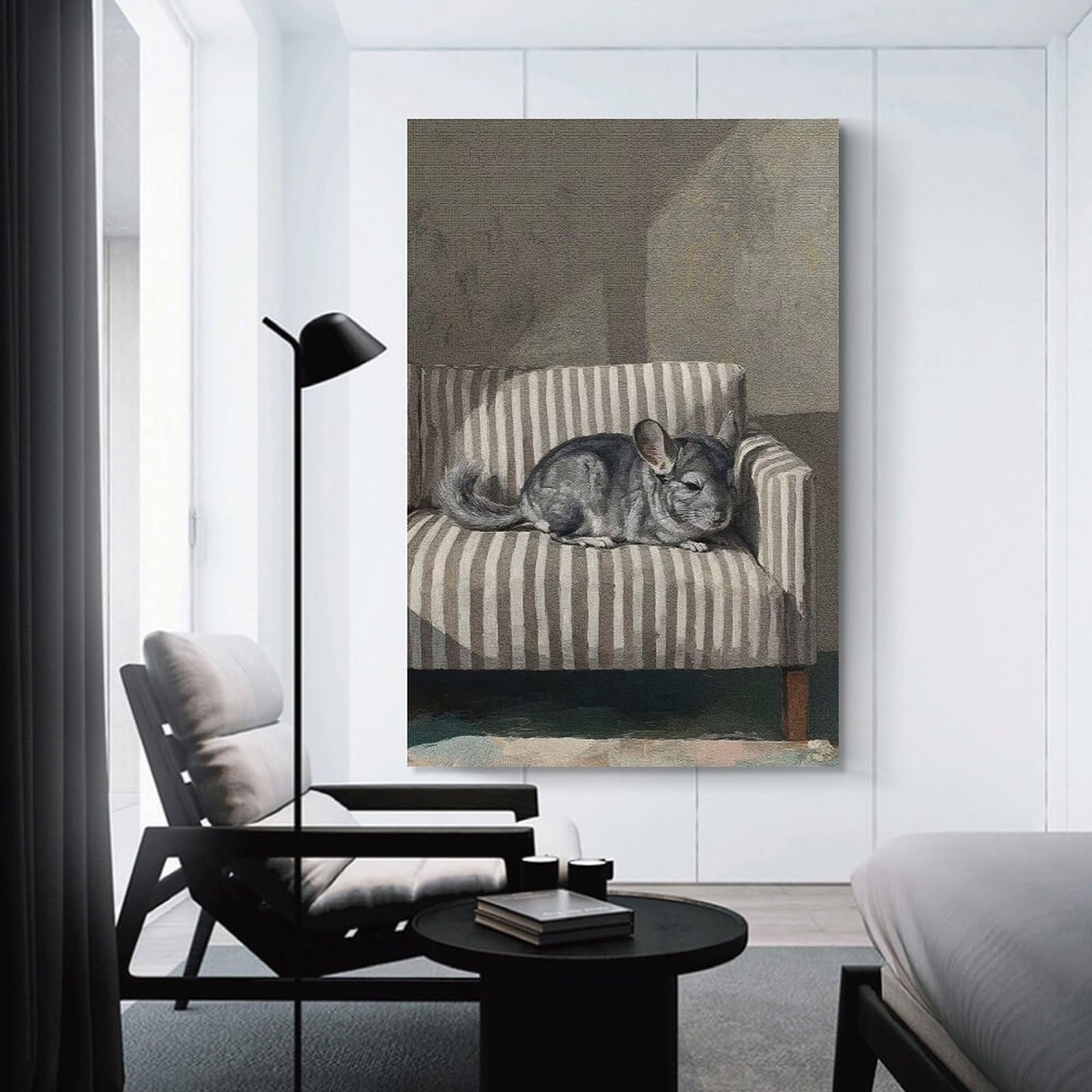 Junmoney Chinchilla Resting on Striped Chair Wall Picture Print 16x24inch(40x60cm), for Entryway, Lounge Links Or Small Walls, Decorative Wall Art for Narrow Spaces