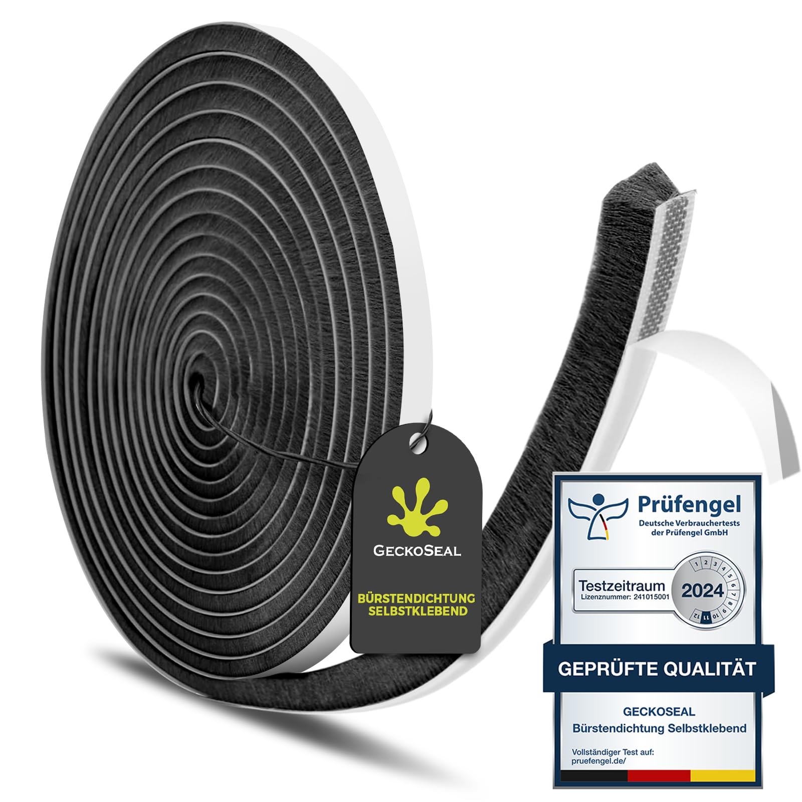 GeckoSeal 12m Bürstendichtung Selbstklebend, 9mm(B) x 9mm(D), Bürstendichtung für Fenster, Schiebetür, Bürstendichtung Rolladen für Kleiderschränk, Türbürstendichtung für Insektenschutz - Schwarz
