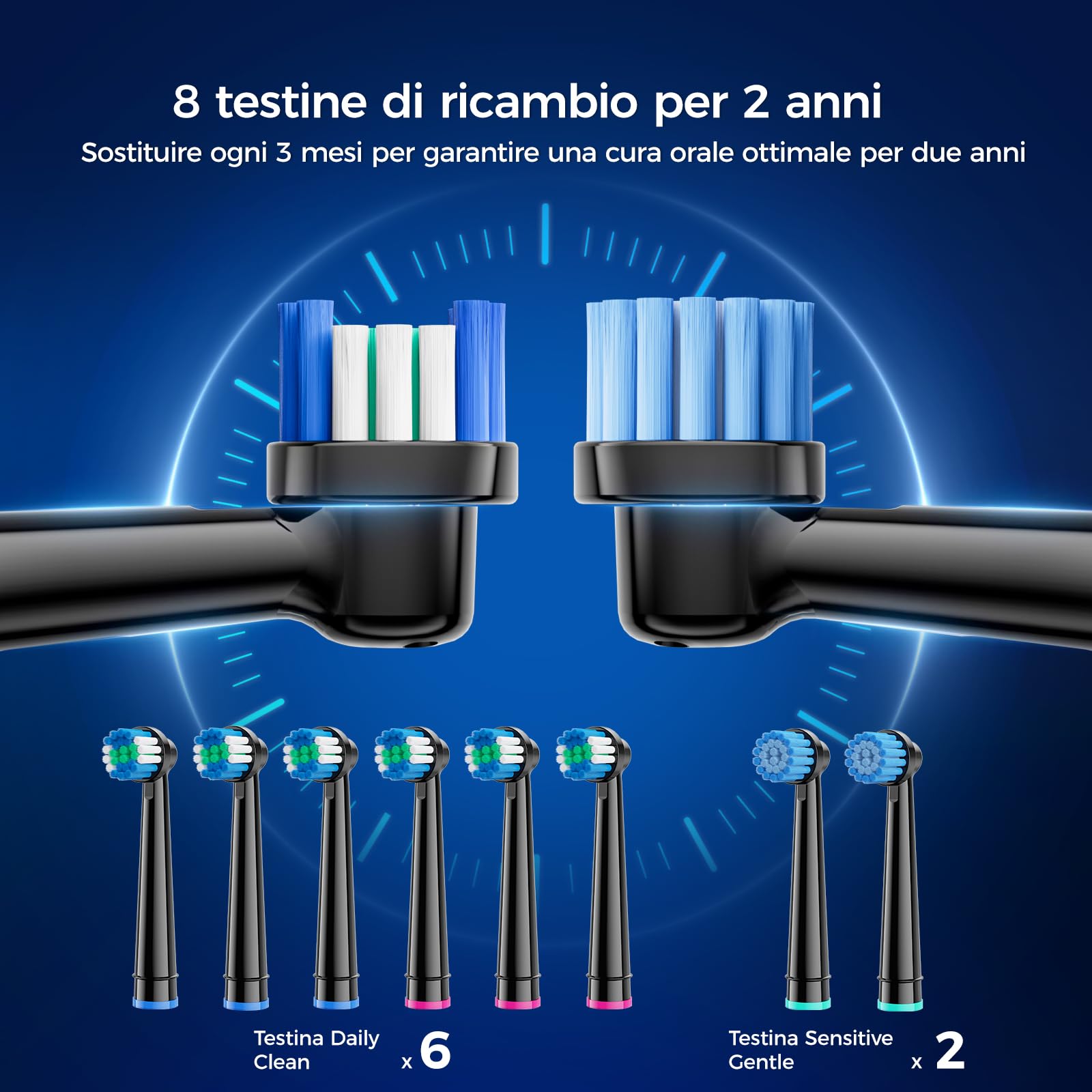 Spazzolino Elettrico Rotante per Adulti e Bambini con 3 Intensità e 5 Modalità, Electric Toothbrush con 8 Testine, Custodia da Viaggio, Impermeabile IPX7, Batteria con Autonomia di 120 Giorni (Nero)