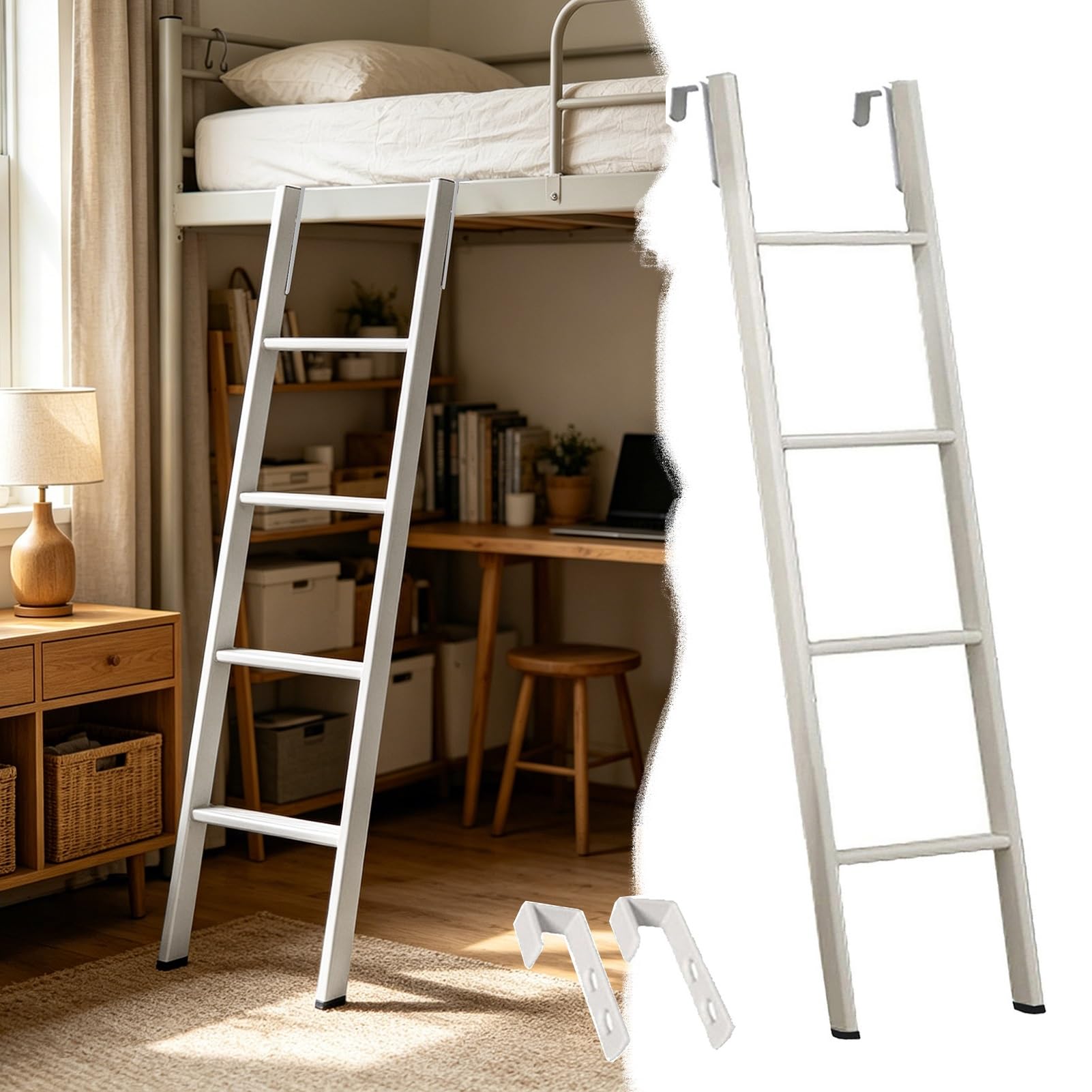 Escalera para litera reemplazable blanca con ganchos de 116 a 170 cm de altura