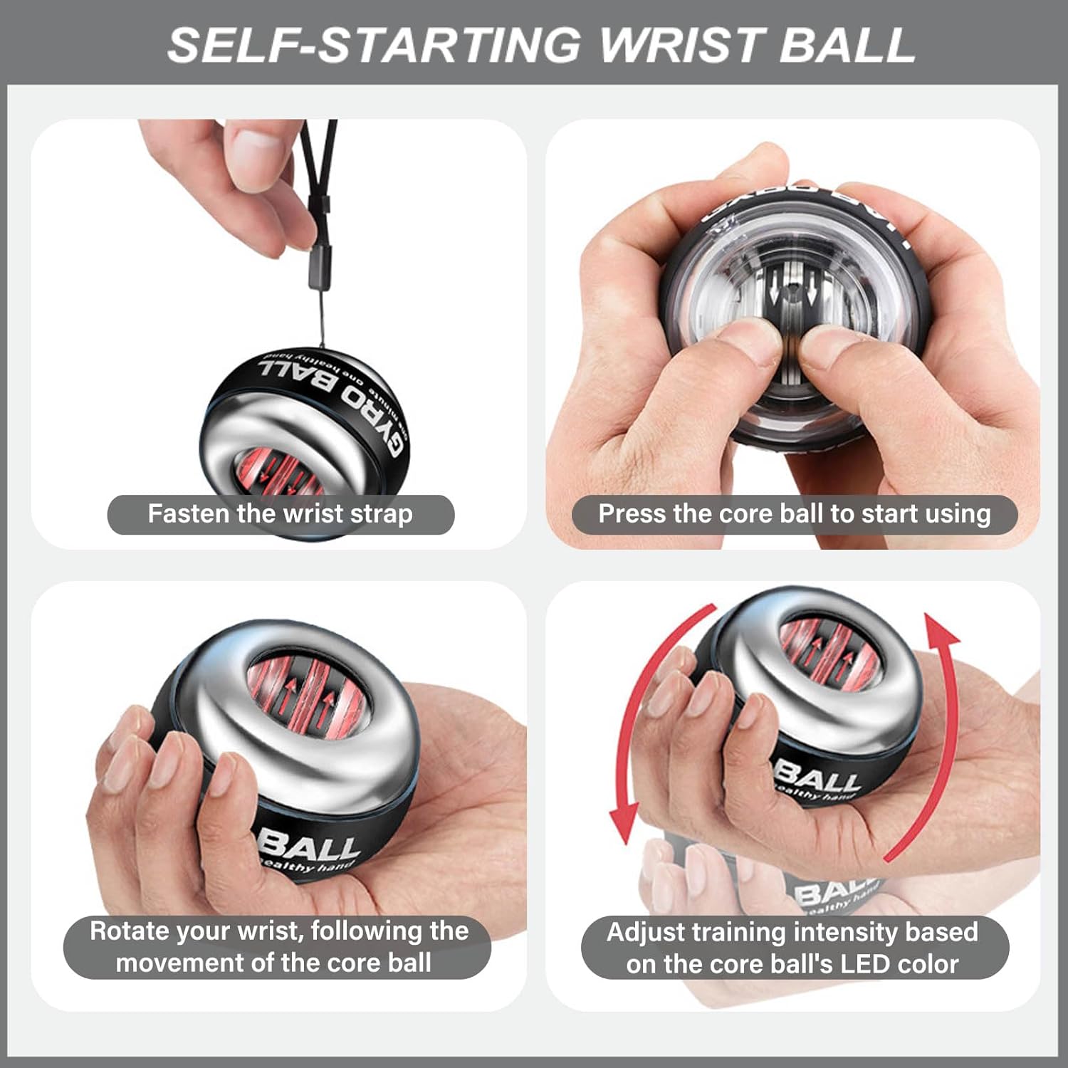 (2026 New 6-Level Color-Shifting) All-Metal Power Gyro Ball, Auto-Start Hand Wrist Forearm Trainer for Strengthen Arms, Fingers, Grip and Muscles with Led Light (with Ball Bag)