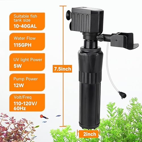 Miniatura 7 de hygger Filtro U-V para acuario para tanque de 10 a 40 galones, filtro sumergible de bomba de 12 W para agua verde y limpieza de algas, filtro