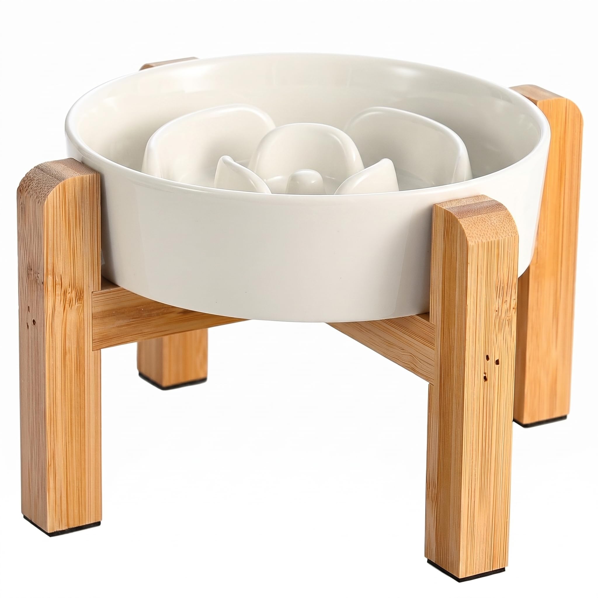 Elevated Slow Feeder Dog Bowl - Ceramic Maze Food Dish with Bamboo Stand - Raised Feeding Bowl for Fast Eaters - Ideal for Small and Medium Dogs - Milky white - 6.7 inch