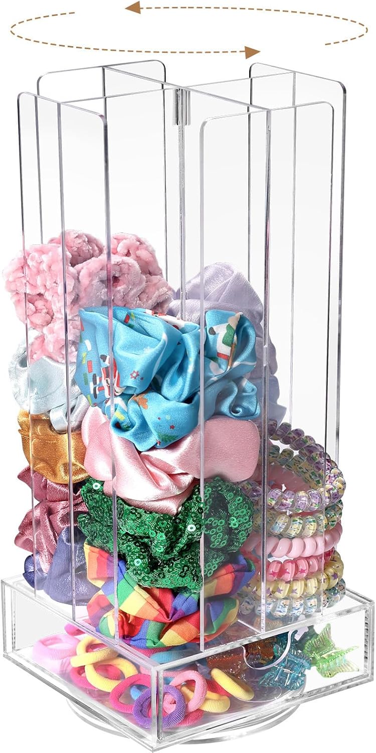 OAOLEER Acrylic Scrunchie Holder Organizer with drawer, Hair Ties Display Stand, 4 Tier Hair Accessories Organizer Storage for Bracelets Bangle Watches (Type C)