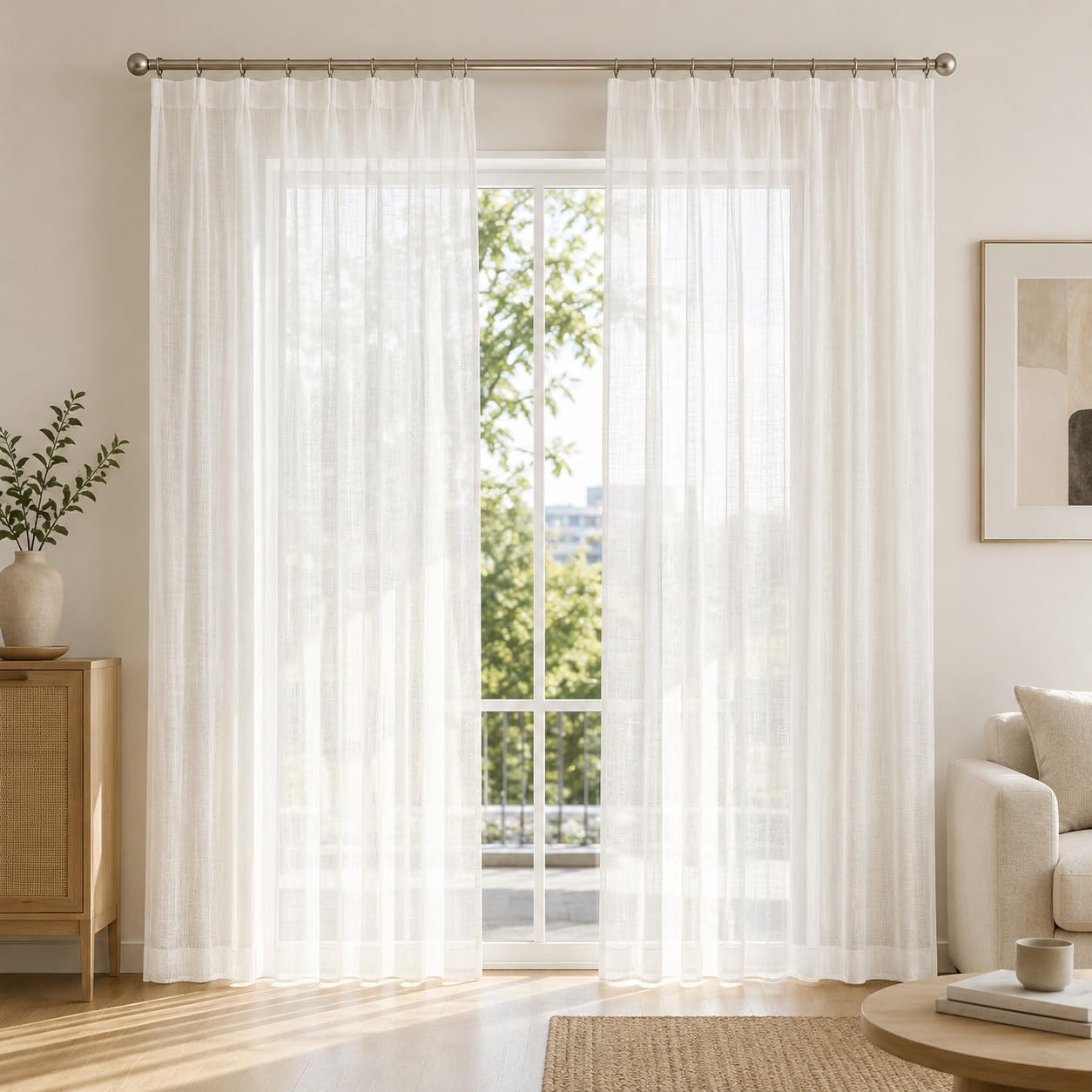 IDOL Leinenoptik Gardine Weiß mit Kräuselband Bleiband – Halbtransparenter Vorhang für Gardinenschienen Schienensysteme, Lichtdurchlässig mit Sichtschutz, für Wohnzimmer Schlafzimmer
