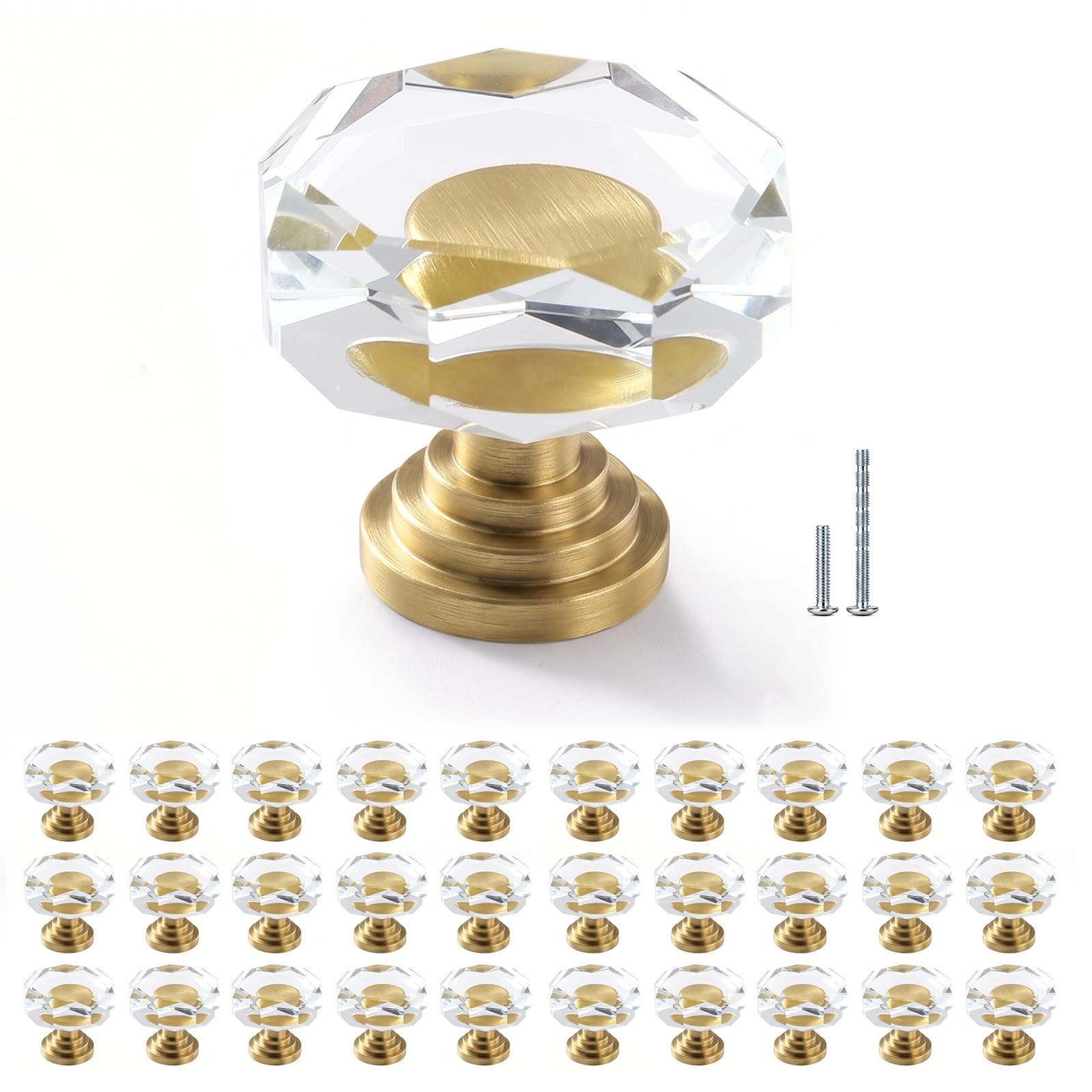 12 Pack 1-1/4 Inch Glass Crystal Cabinet Knobs, Brass Polygon Drawer Pulls — Amazon image 11