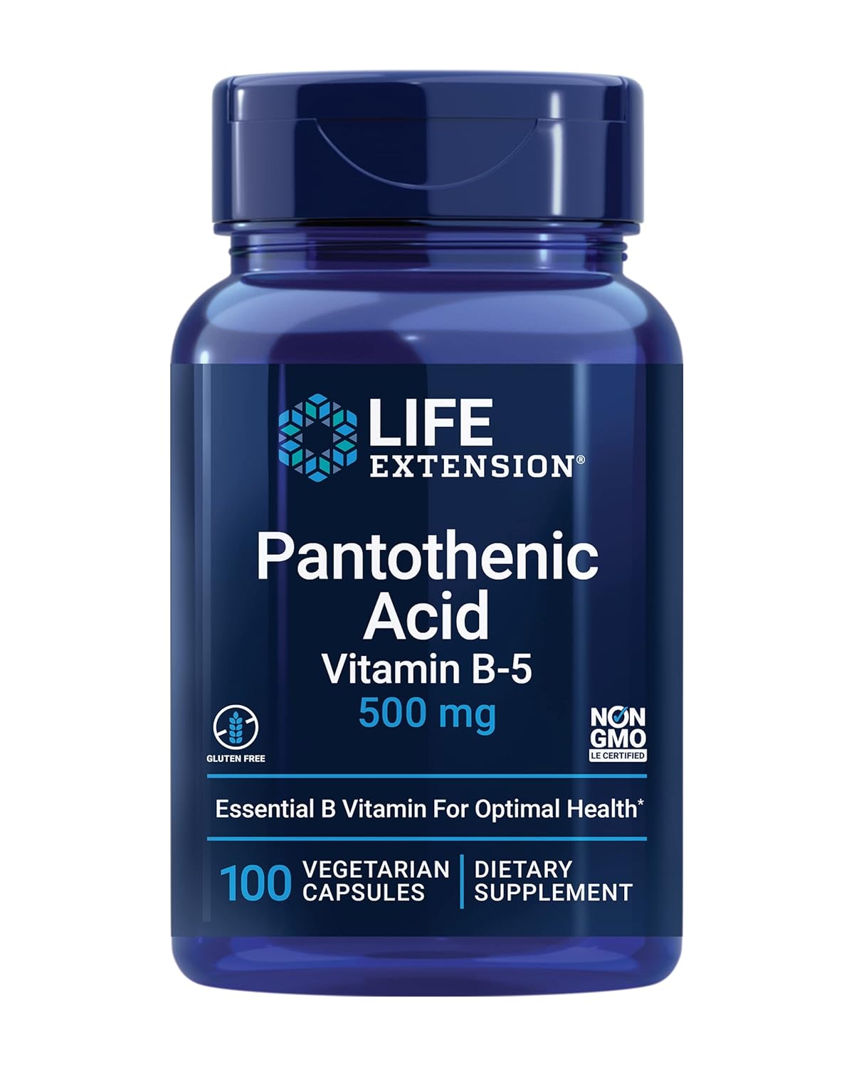 Life Extension Pantothenic Acid, 500 mg, Vitamin B5, Calcium, Support Healthy Metabolism, Mitochondrial Energy Production, Gluten-Free, Non-GMO, Vegetarian, 100 Capsules