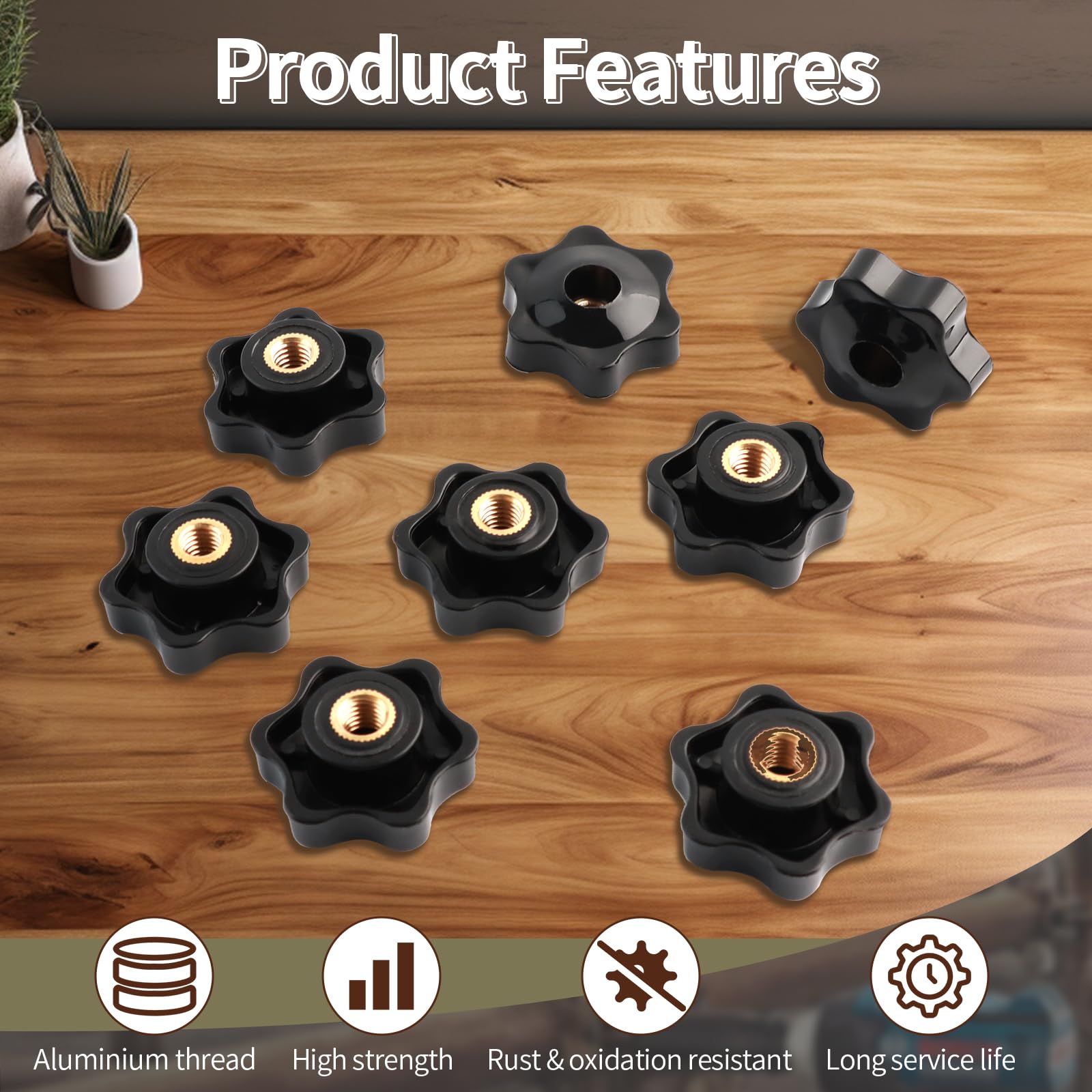 8 dadi con impugnatura a stella M8, diametro esterno 38 mm, dado ad ala in plastica nera, dado zigrinato, filettatura interna in ottone per macchine utensili, attrezzature per il fitness