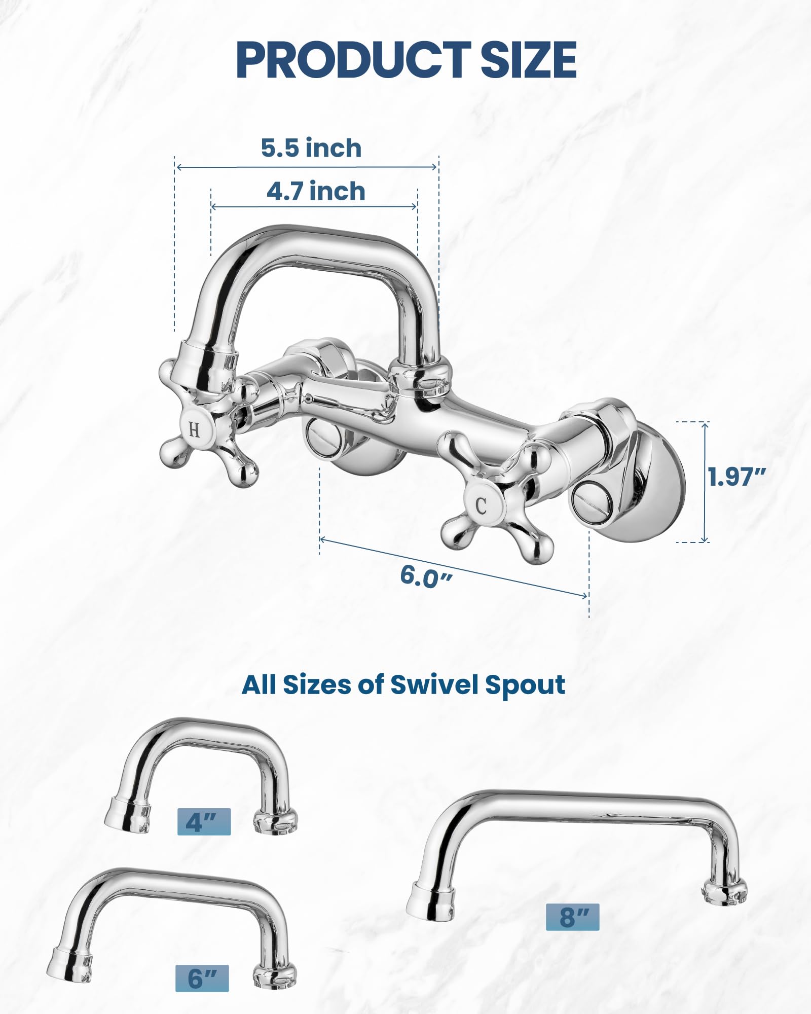 Airuida Chromowany kran kuchenny do montażu na ścianie, wylewka 4 cale (10 cm) | Obrotowy o 360°, regulowany środek, podwójny uchwyt krzyżowy, bateria do zlewu użytkowego