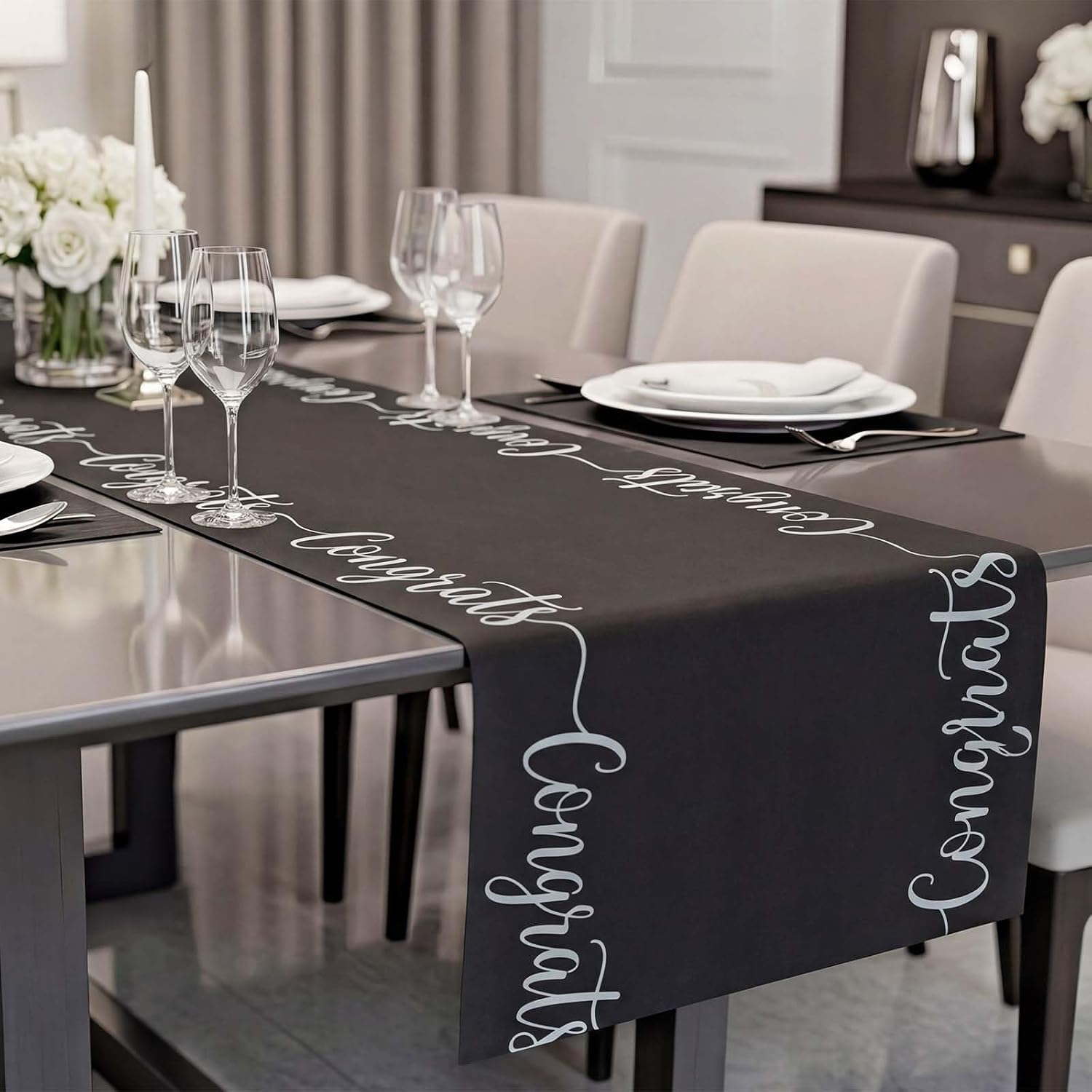 Moukeren Congrats Graduation Paper Table Runner Roll 25' Long x 16" Wide Black and White Table Runner Disposable for 2026 Graduation Party Birthday Weddings Carnival Kitchen Dining Tabletop Decoration