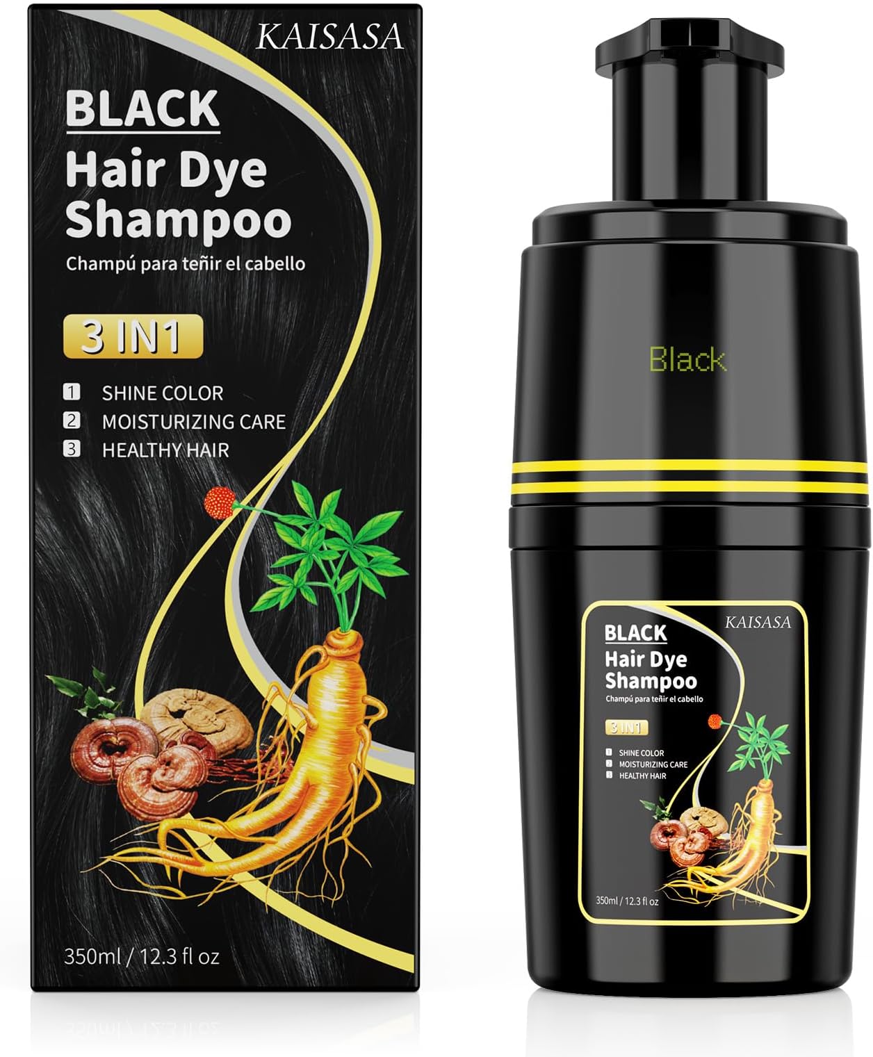 Black Hair Dye Shampoo 3 in 1, Hair Color Shampoo for Cover Grey Hair