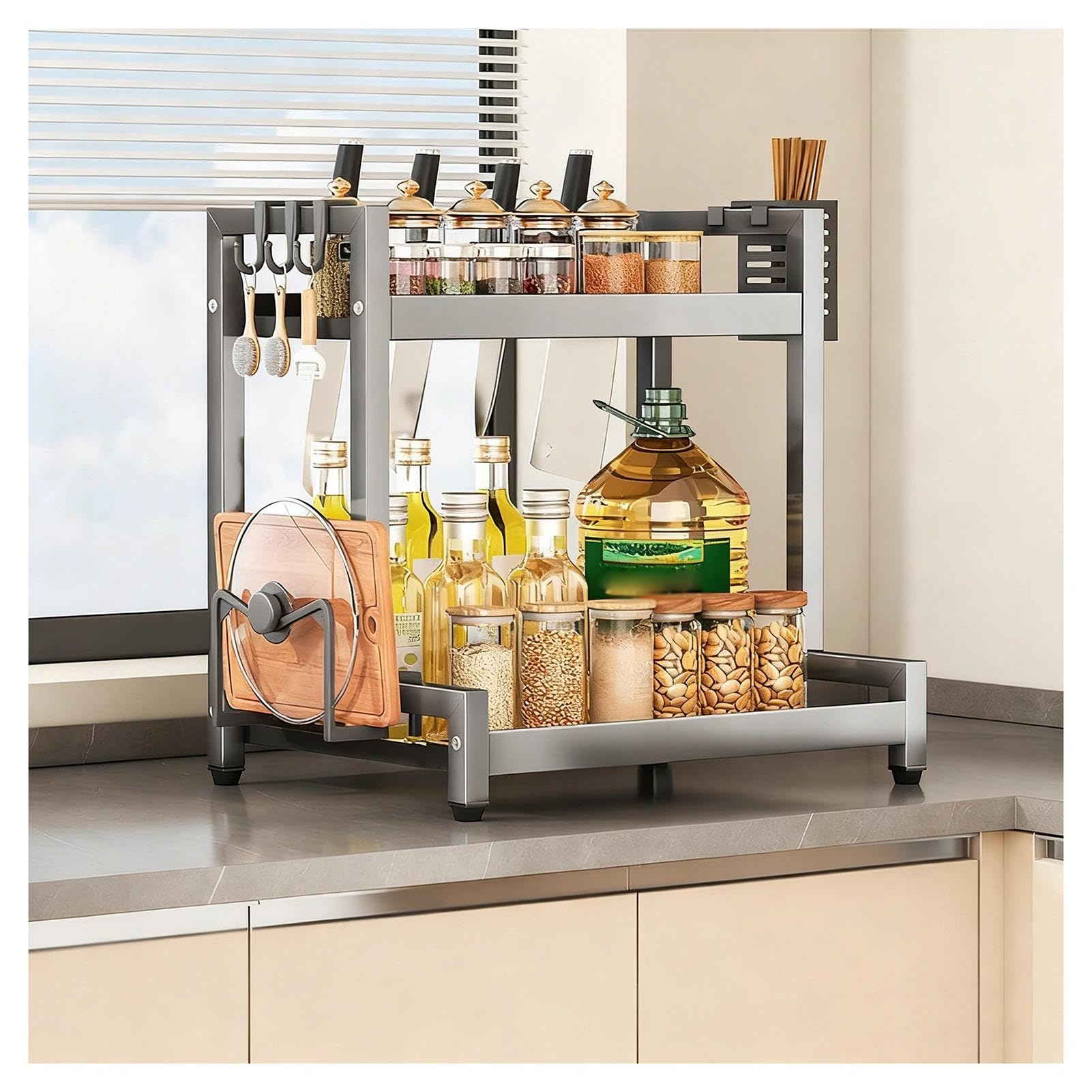 TIANQIHAO Stainless Steel Countertop Spice Rack Nizer, 2-Tier Metal Table Rack With Hooks And Knife Holder, Standing Large Nizer For Sugar, Salt, Pepper And Oil Bottles,Grey-2 Tier-11.8in