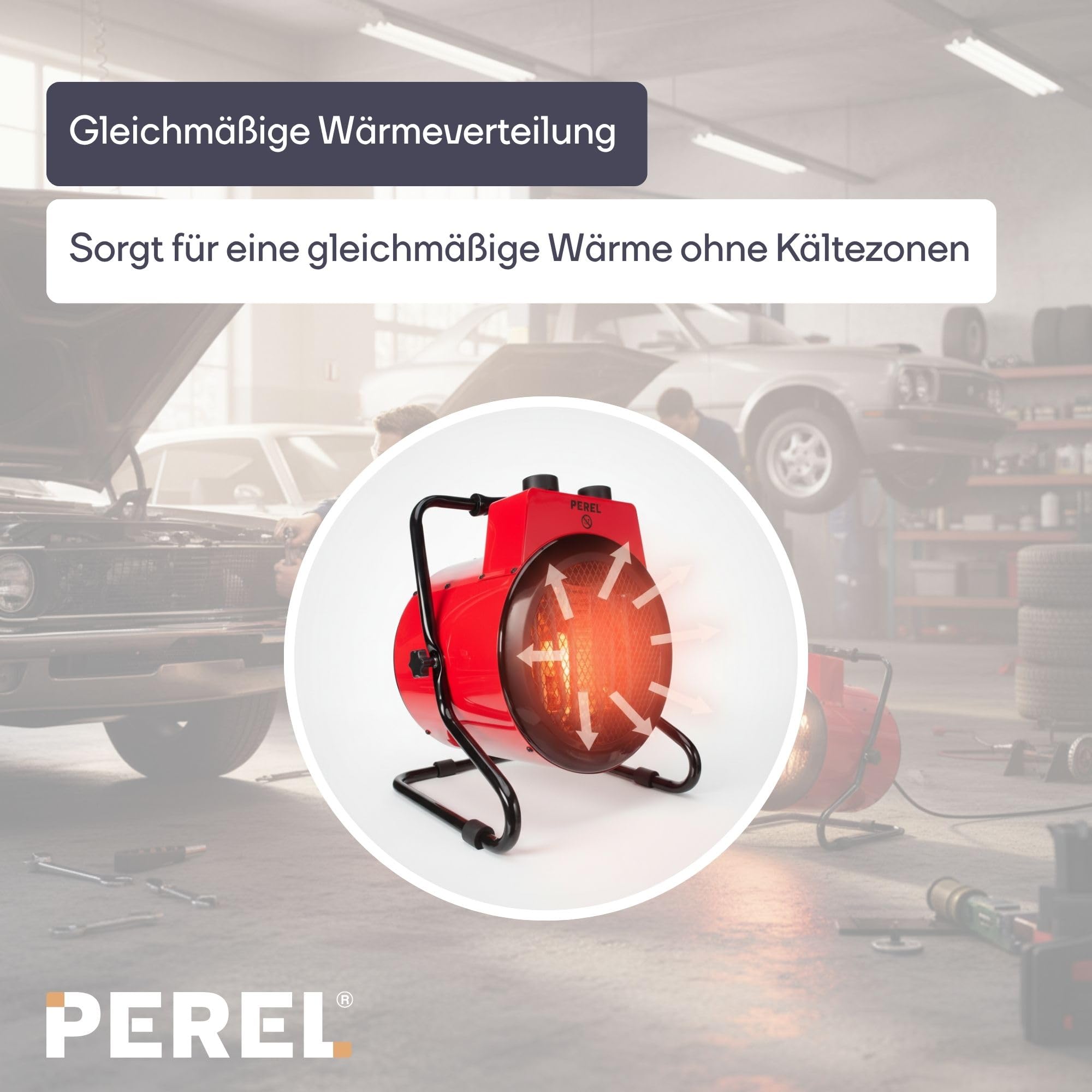 Perel Elektrischer Heizlüfter 3000W, 2 Heizstufen, Thermostat und Kühlfunktion, IP24, Überhitzungs- und Kippschutz, kompakter tragbarer Heizstrahler für Werkstatt, Garage oder Schuppen