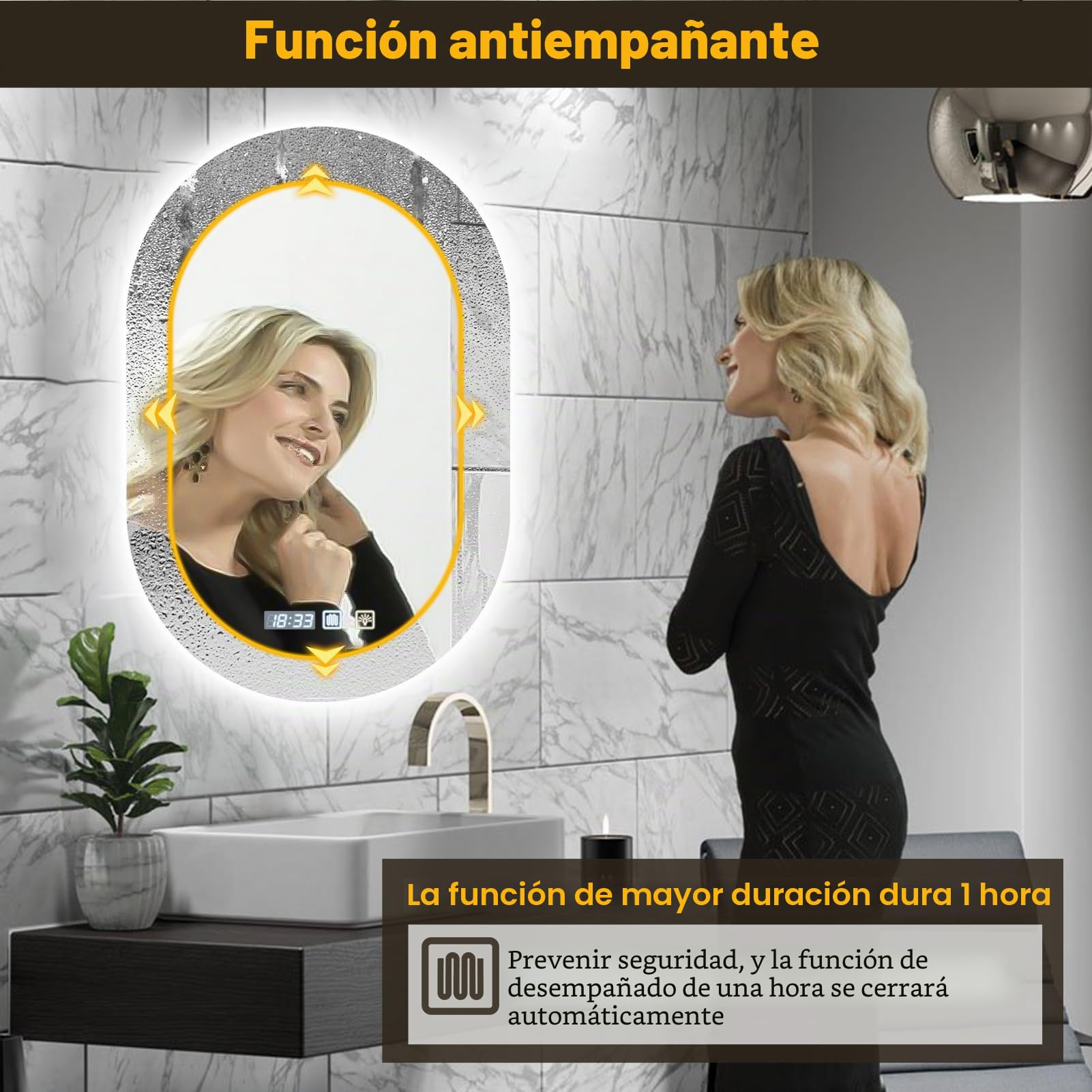 Sararoom Espejo Baño con Luz 75×50cm, Luces de Baño Espejos de pared con Reloj, Función Antivaho, 3000K/4000K/6500K, Regulable, Memoria, Cristal Templado HD, IP44 Espejos de Tocador LED Retroiluminado