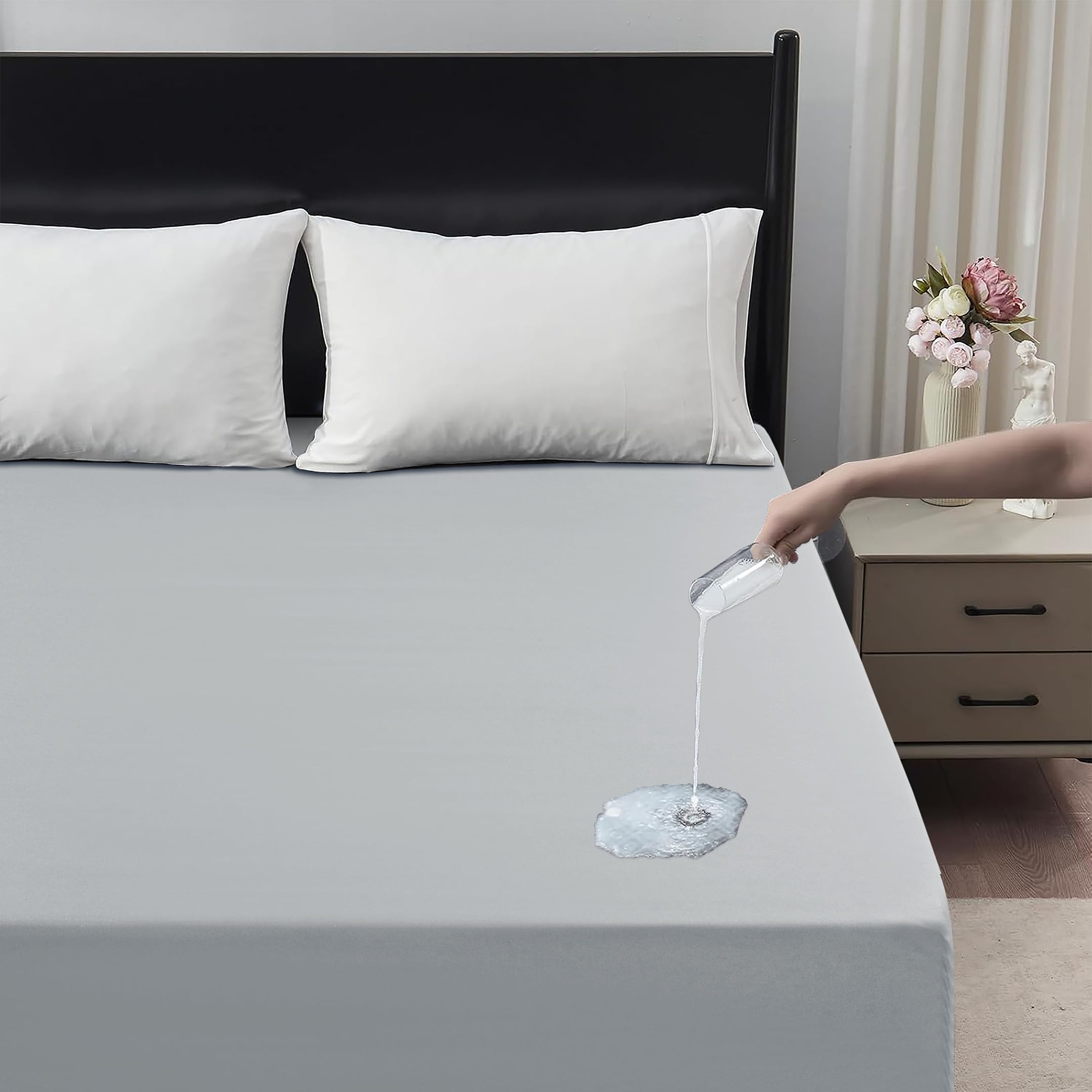 Waterproof Fitted Sheet – Mattress Protector | Soft Breathable Noiseless Bed Cover, Fitted Bed Sheet 30cm Deep Pocket, Durable Microfiber Fitted Mattress Cover (Silver, Double)