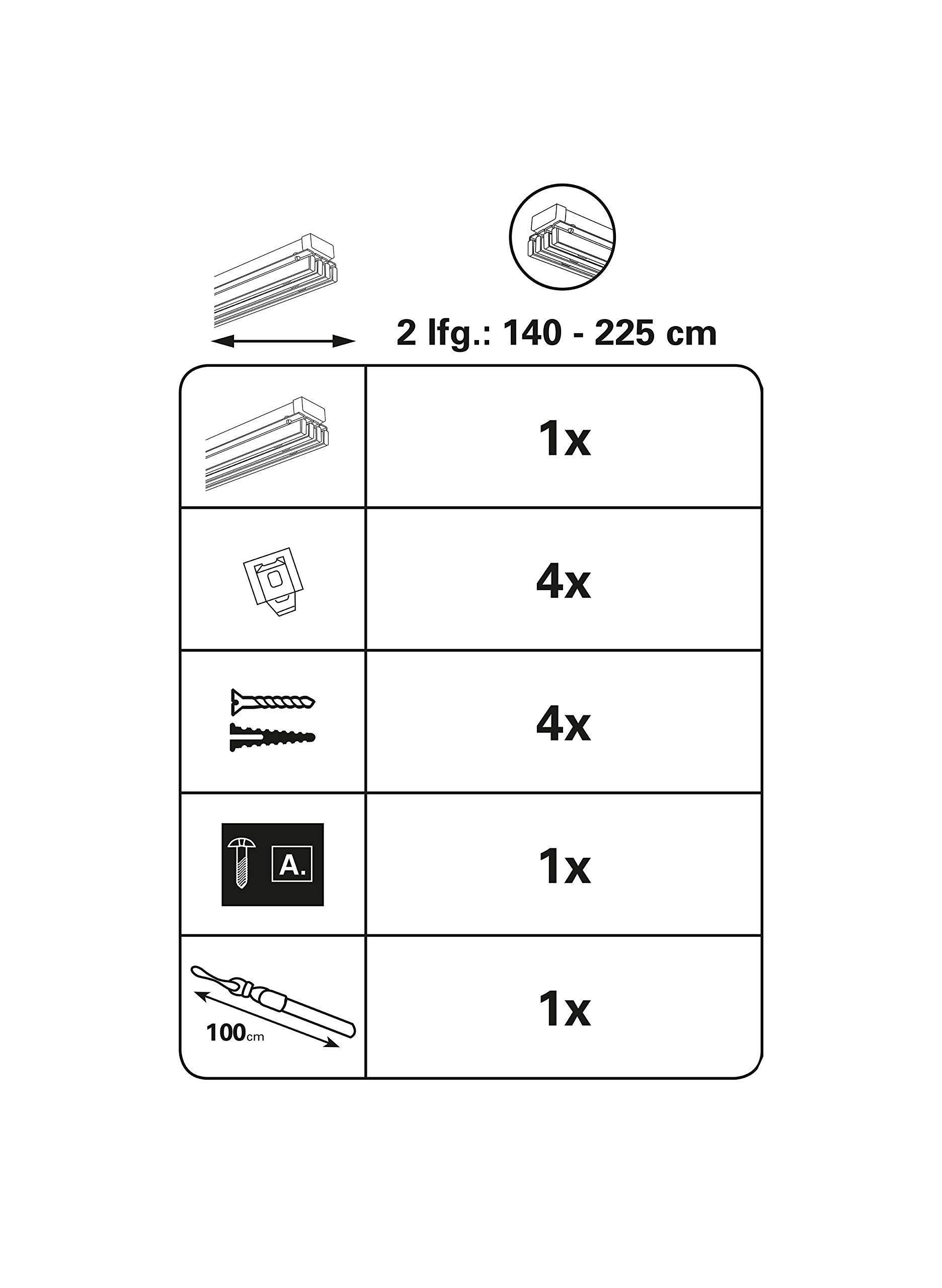Gardinia Set Completo per Tende a Pannello, Emia, Binario a 2 Vie, Scorrimento a Destra, Accessori Inclusi, Estensibile, 140-225 cm, Alluminio