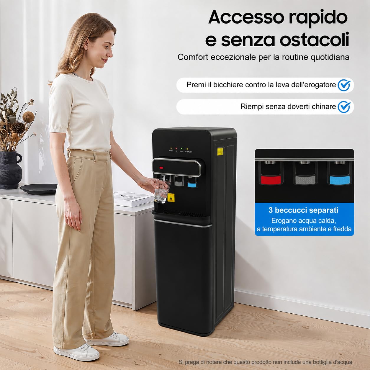 Dispensador de agua eléctrico de 550 W, con suelo de carga, 3 niveles de temperatura (caliente/frío/temperatura ambiente), seguridad para niños, para oficina, hogar, cocina, compatible con botellas de