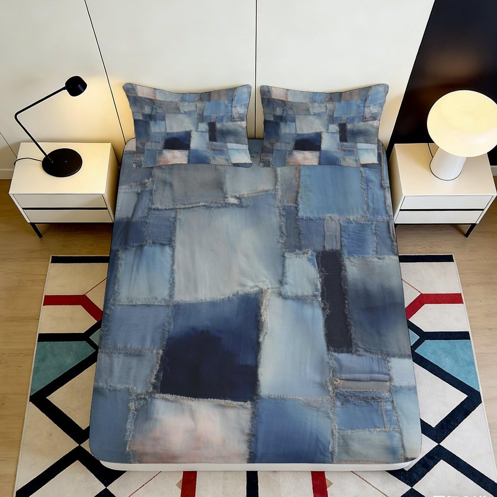 3D Printed Blue Patchwork Fitted Sheet Microfiber Soft Breathable Denim Style Mattress Cover for Bedroom Dormitory Guest Room Protection 160x200x25cm