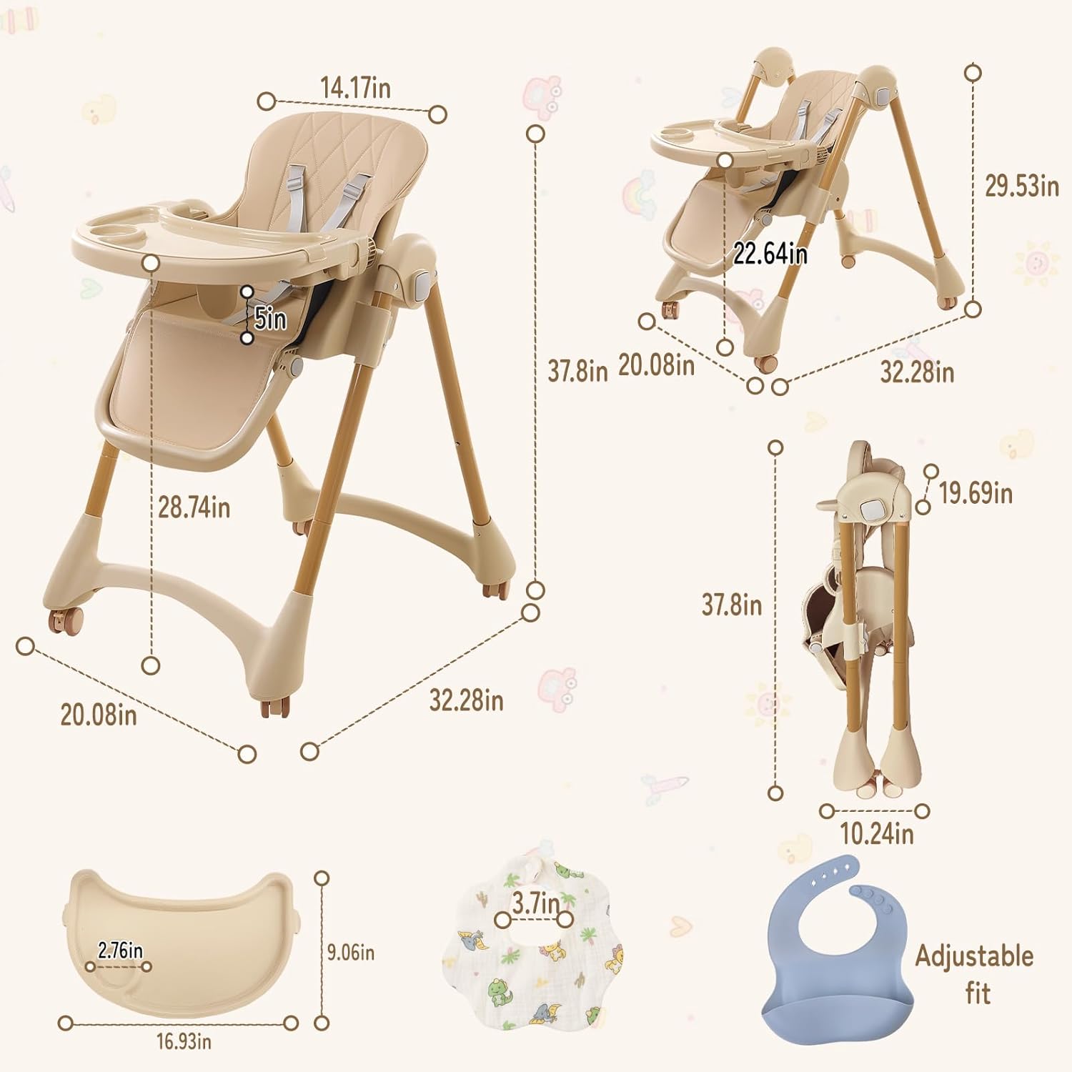 High Chairs for Babies and Toddlers, Foldable Baby High Chair with Wheels for Eating, 6 in 1 High Chair with Removable Tray, Adjustable Backrest and Height, Include 2 Bibs, Tool-Free Assembly