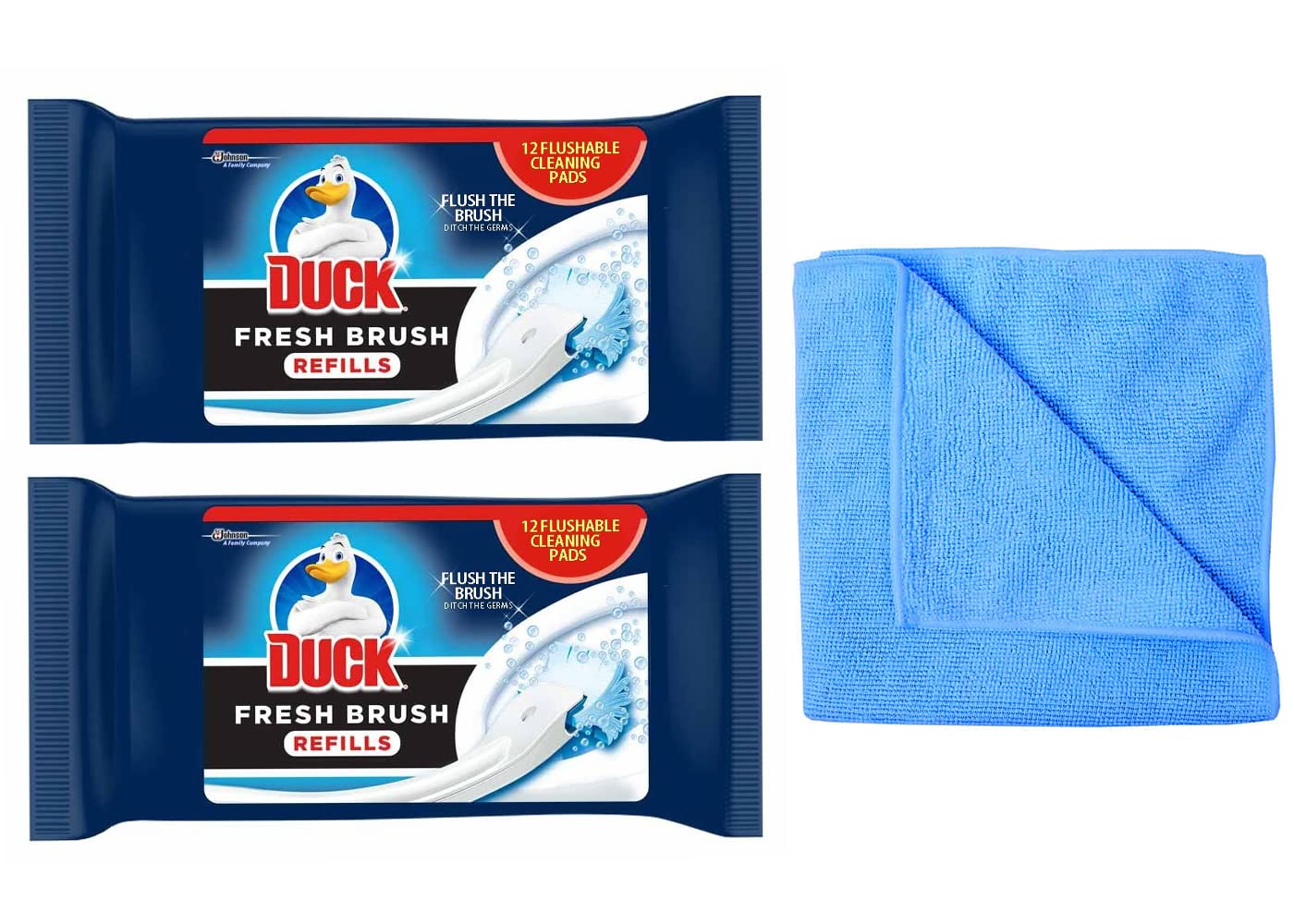 2X Duck Fresh Brush Refills (2 Packs, 24 Flushable Cleaning Pads)-Biodegradable- Duck Toilet Bowl Cleaner- with Microfibre Cleaning Cloth