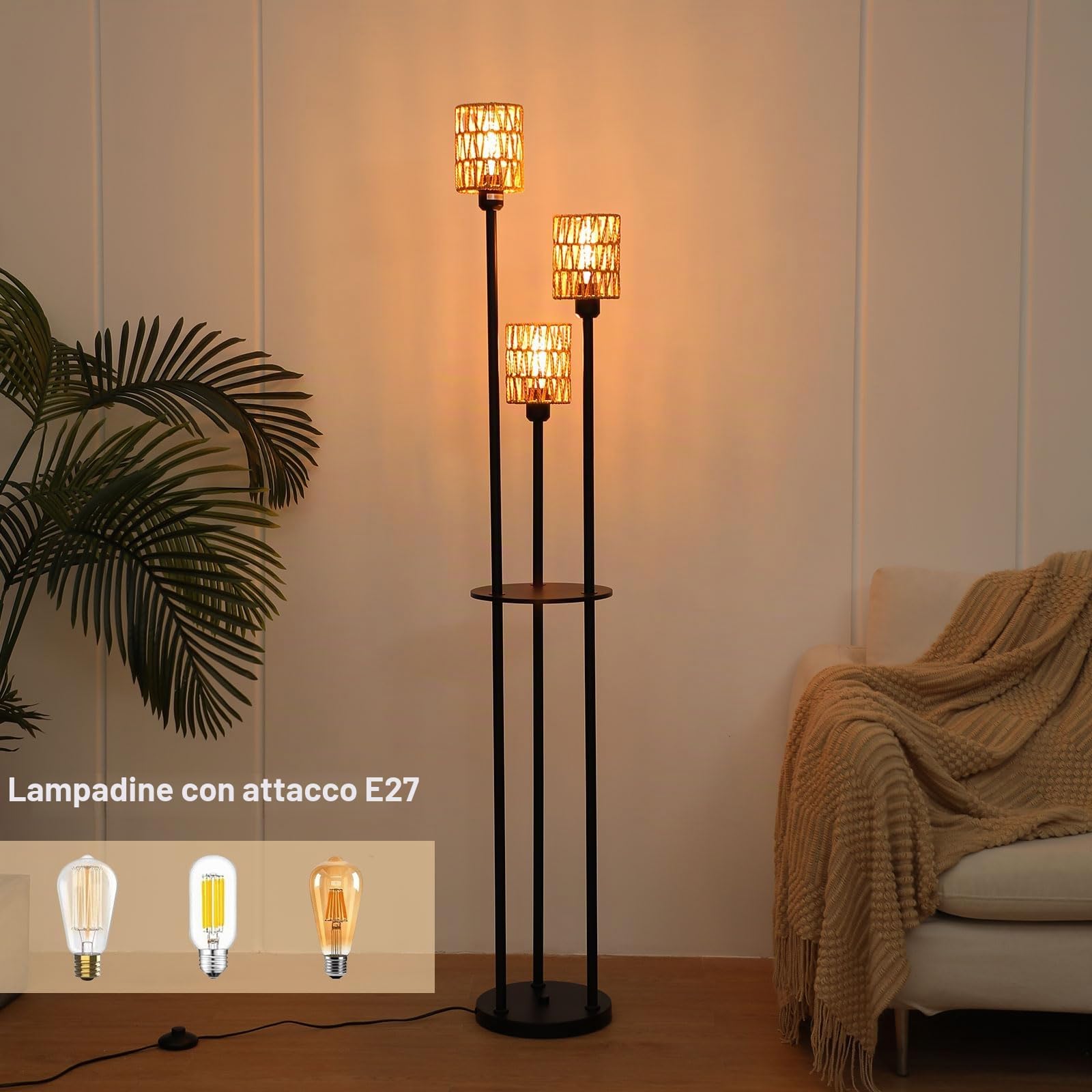 Lampada da Terra Rattan Boho con Ripiani, 3 Luci Piantana da Terra con Paralume Rattan e Interruttore a Pedale, Industriale Vintage Lampada da Terra E27 1.66m per Soggiorno Camera da lett