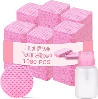 1080 pcs Lint Free Nail Wipes, 1 Pull-Off Pump-Style Bottle, Suitable for Cleaning Nail Polish and Nail Glue, Nail Cleaning Pads, False Eyelash Extension Glue Cleaning Wipes (pink-1080)