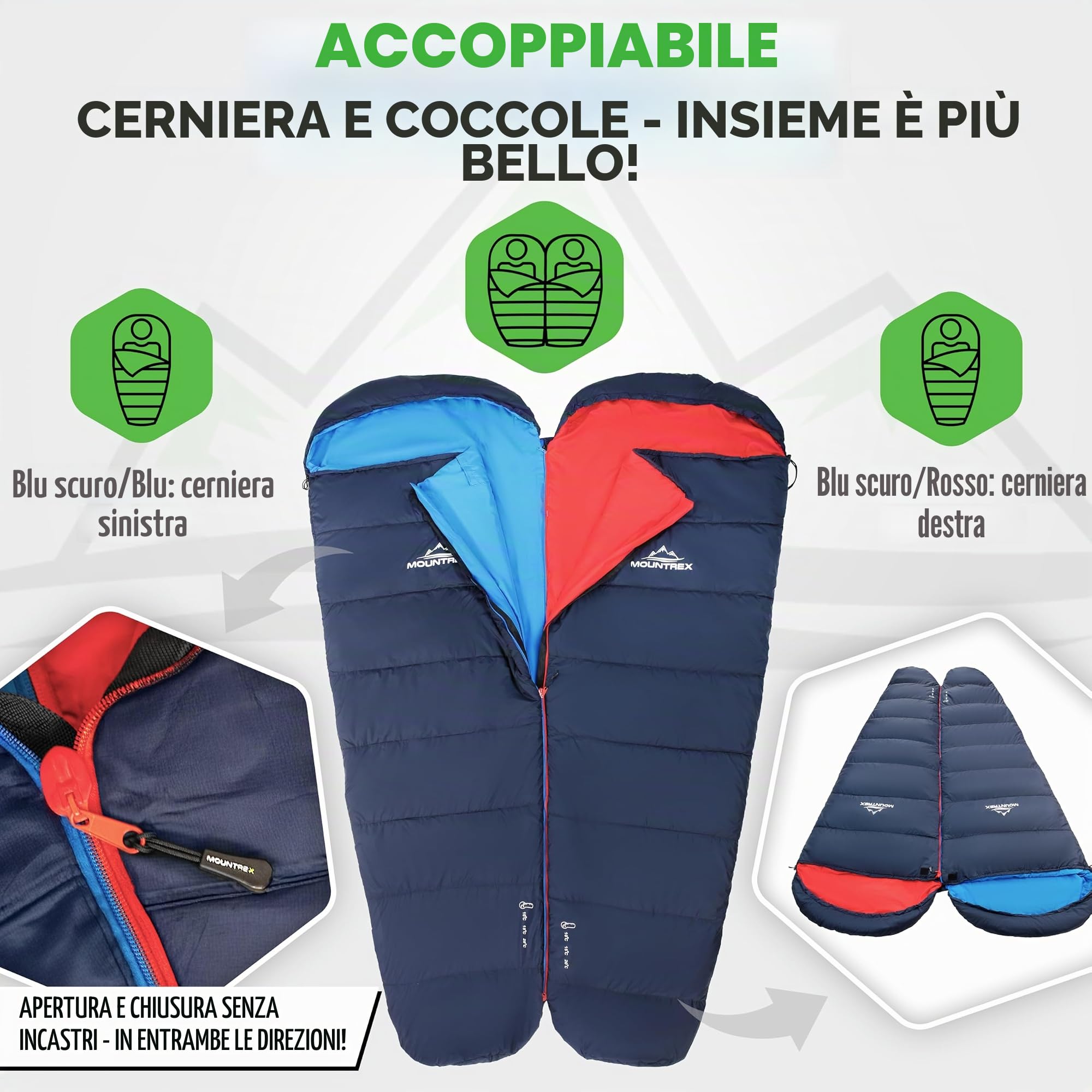 MOUNTREX® Sacco a Pelo - Leggero e Compatto (750g / 1500g) - Sacchi a Pelo Mummia, Adulto (205x75cm) - Campeggio, Trekking, Escursioni - 100GSM (Estivo) / 300GSM (3-4 Stagioni) - Accoppiabili