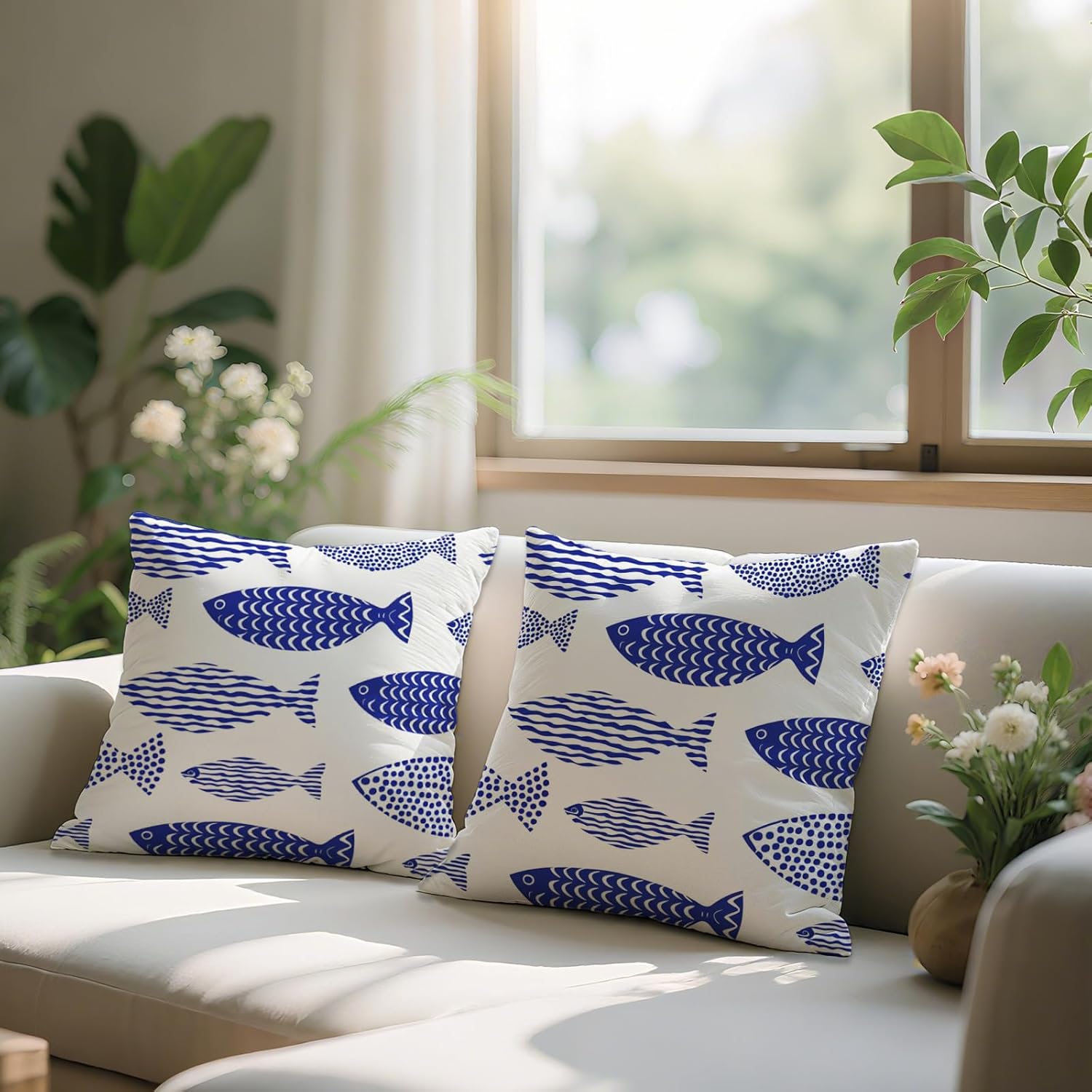Blue Stripe Fish Pillow Covers Set of 2, Coastal Decorative Throw Cushion Covers, Nautical Ocean Theme Sea Life Double-Sided Print Accent for Sofa Couch Bed Beach House Decor - Image 5
