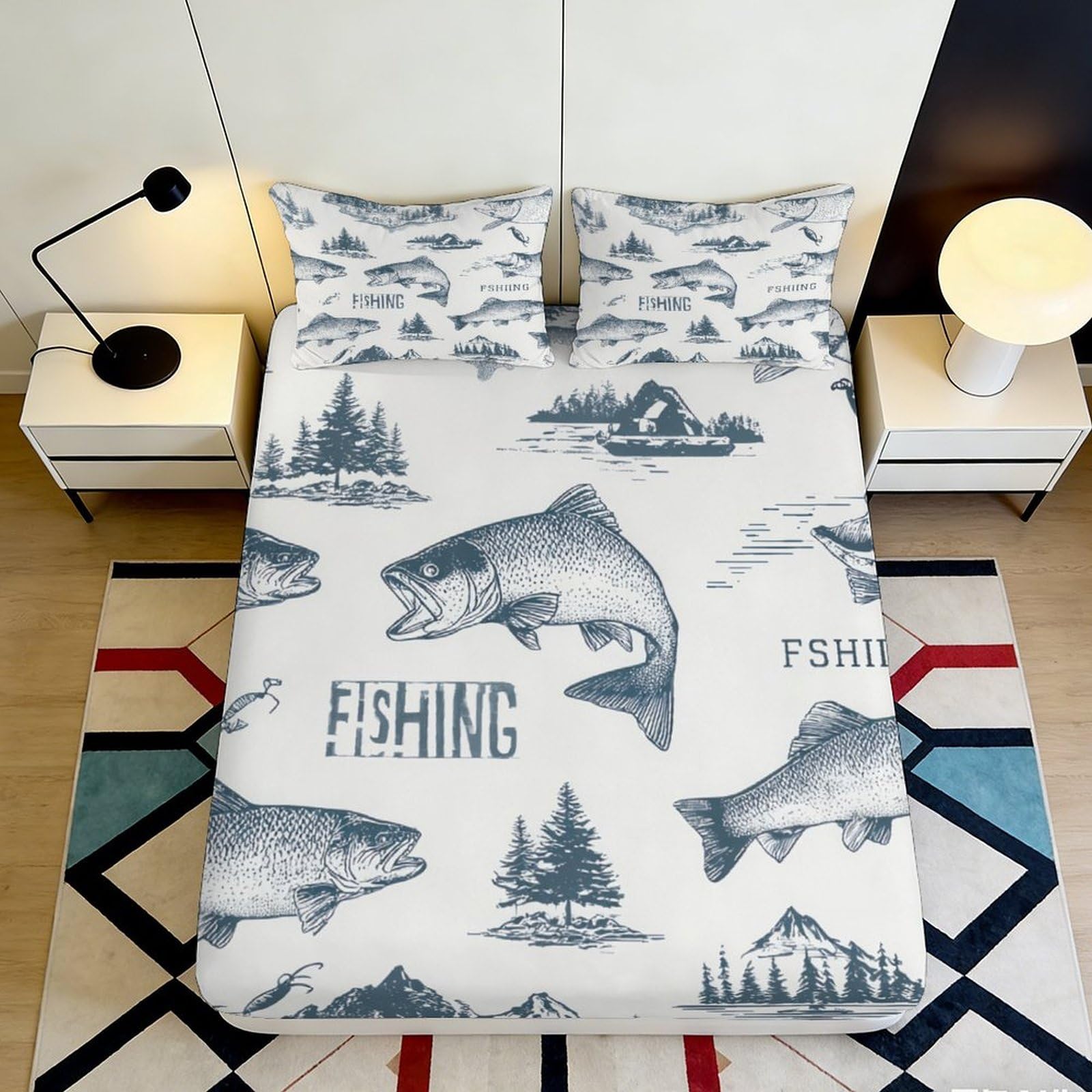 3D Printed Fishing River Landscape Fitted Sheet Microfiber Soft Anti-Slip Trout Forest Mattress Cover Home Décor 90x200x25cm
