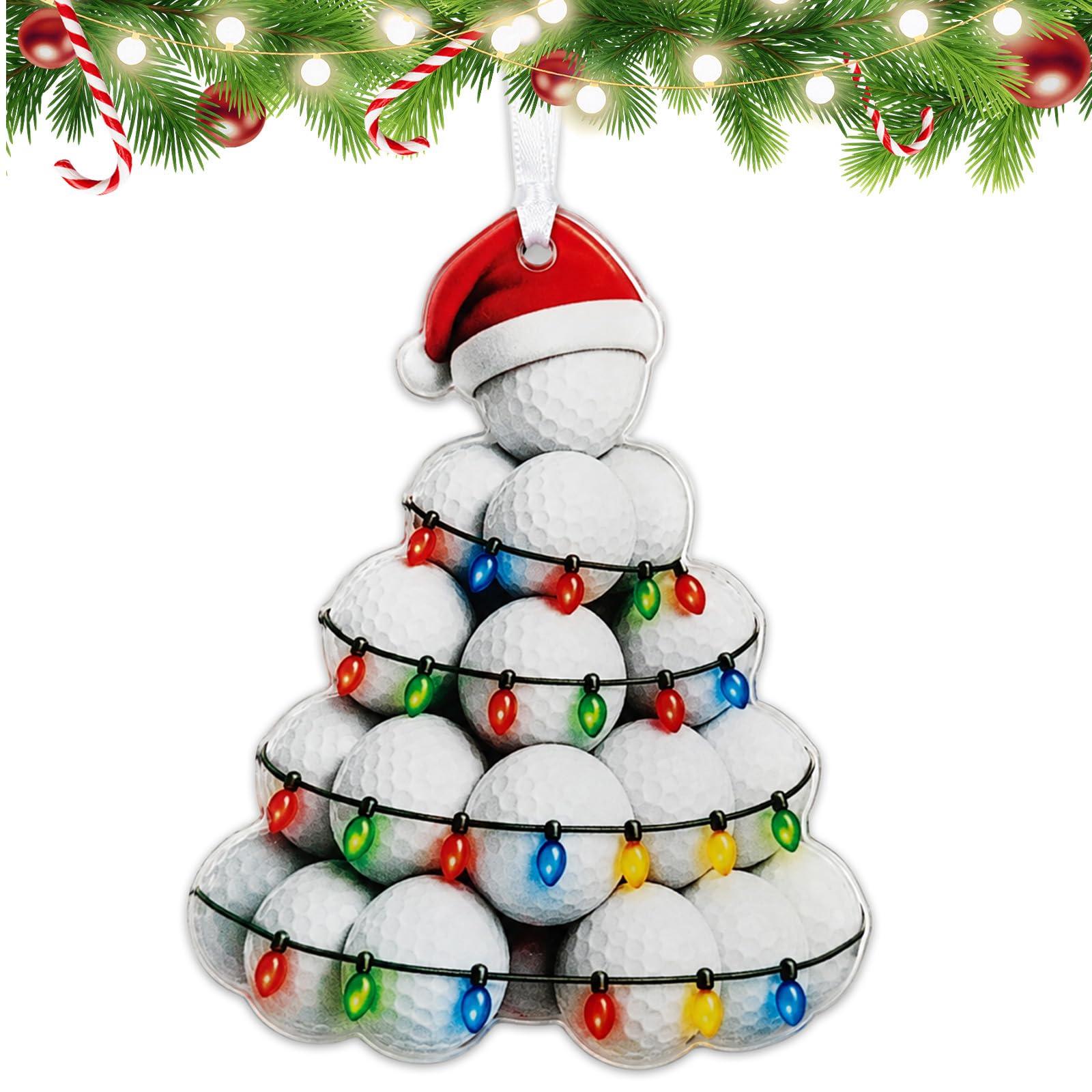 Golf Christmas Tree Ornament, 10cm Hanging Decoration for Golfers | Golf Ball Christmas Tree Hanging Ornament with Santa Hat and Colourful Bulb Details, 10 x 9cm