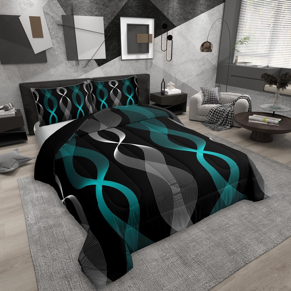 Erosebridal Teal and Black Queen Comforter Set for Men, Teal Striped Bedding Set for Boys Adults, Contemporary Boho Modern Art Abstract Comforter, Gradient Geometric Stripes Aesthetic Quilt - Image 3