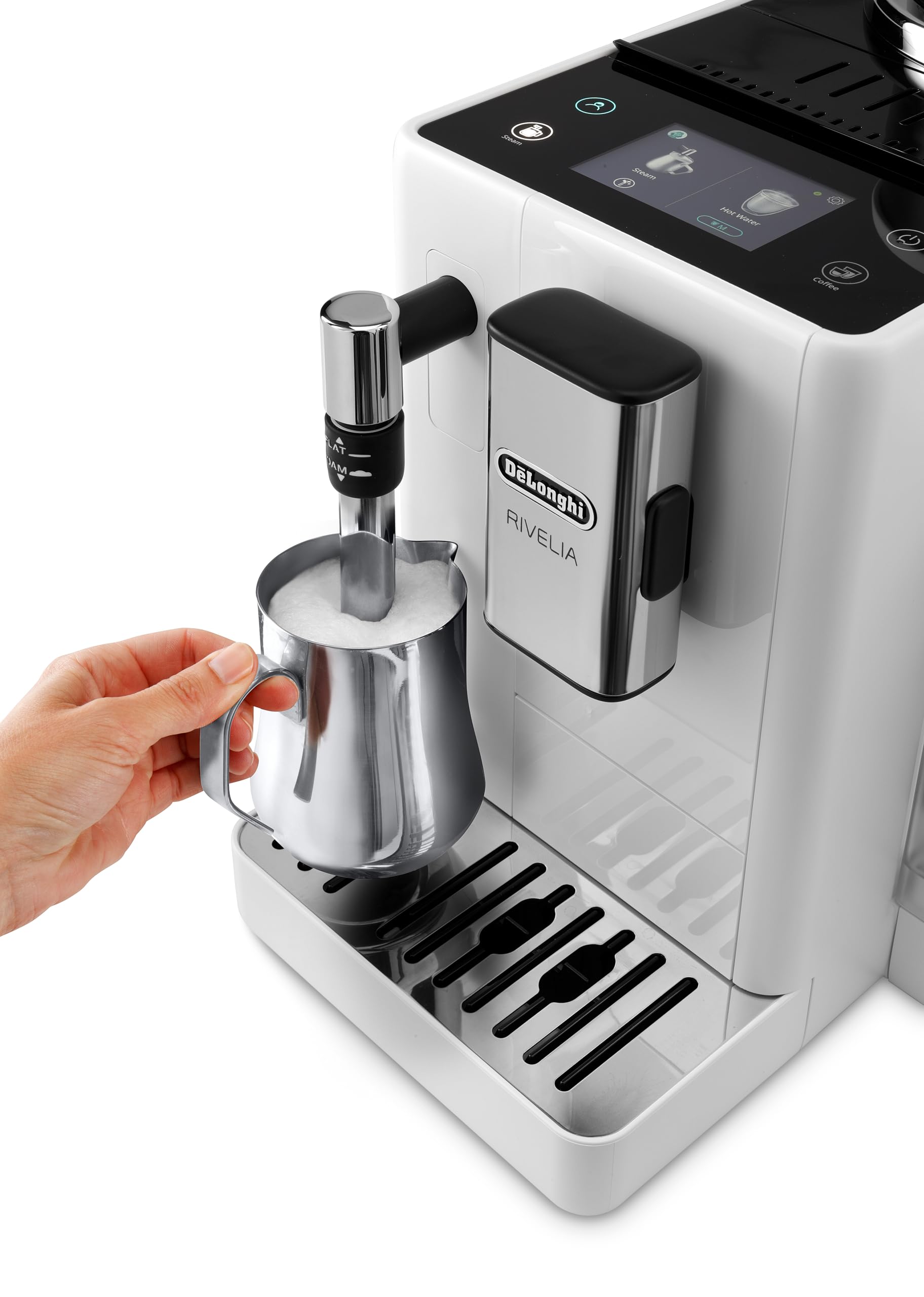 De'Longhi Rivelia EXAM440.35.W w pełni automatyczny ekspres do kawy z dyszą do spieniania mleka, wymienny pojemnik na ziarna, 8 napojów kawowych po naciśnięciu przycisku, funkcja Extra Shot, dotykowy