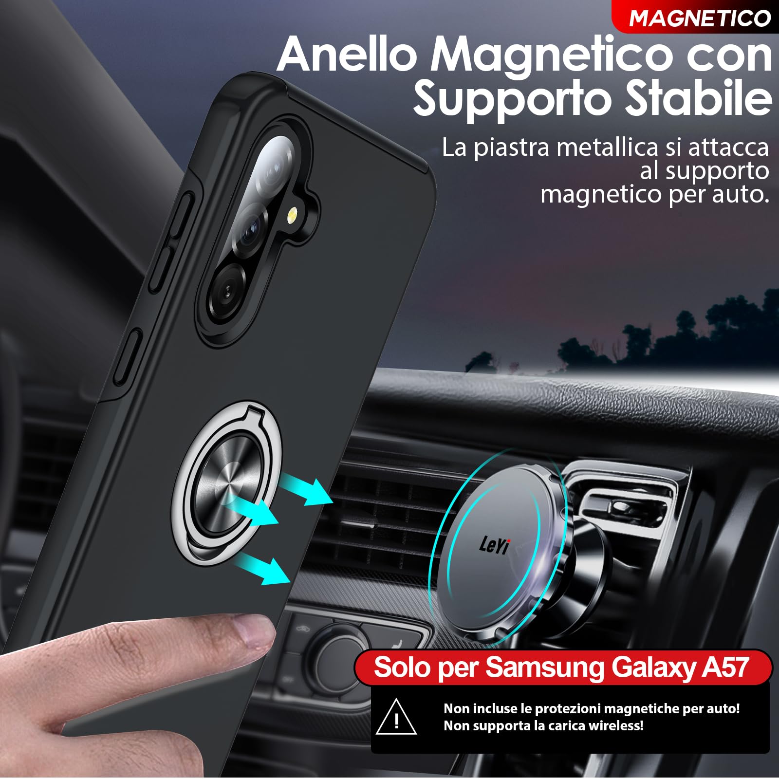 LeYi Cover per Samsung A57/A 57 con 2 Vetri Temperati - Custodia TPU+PC con Anello Girevole 360°, Protezione Militare Antiscivolo per Galaxy A57/A 57, Nero