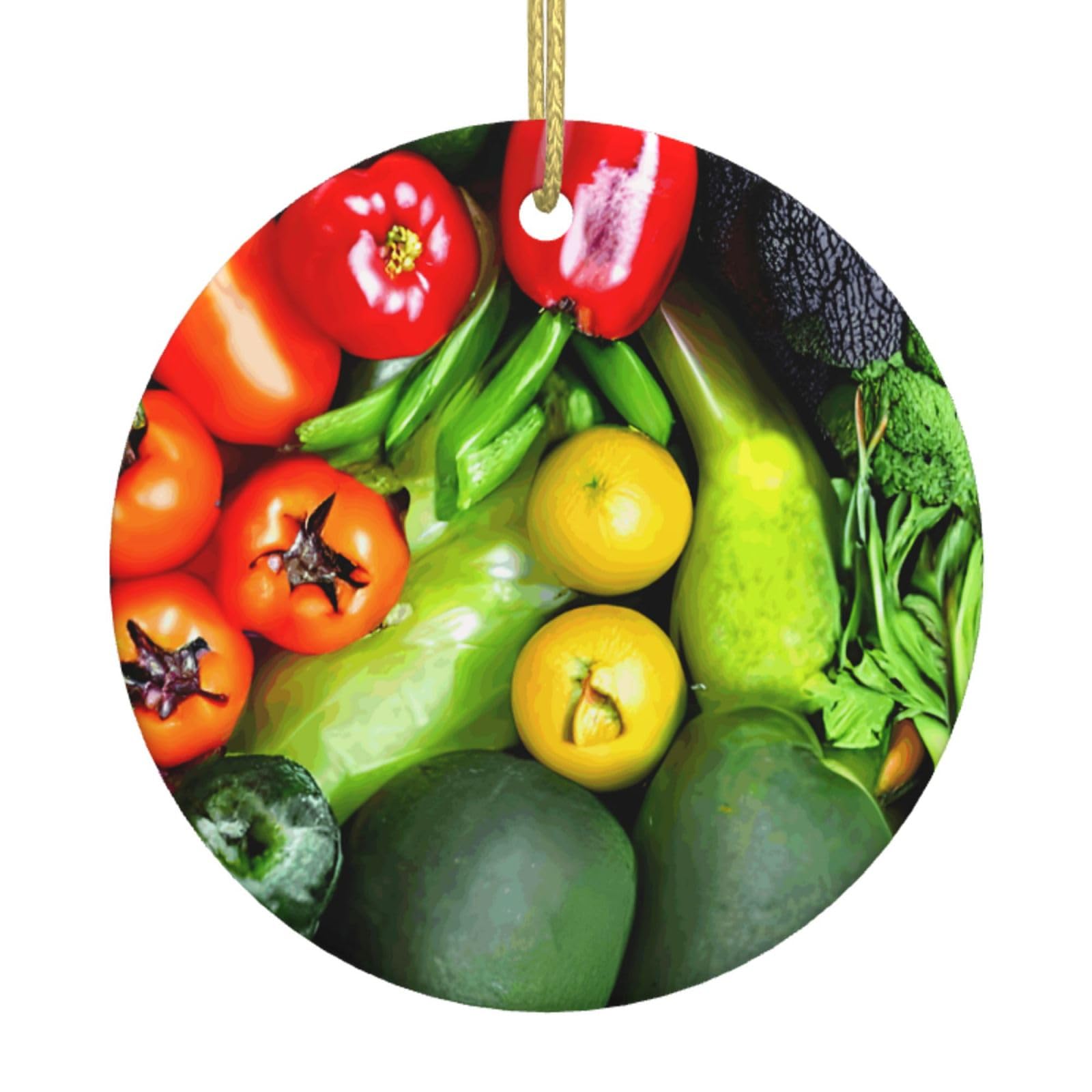 Fresh Vegetables Fruits Print Christmas Ornaments, Ceramic Hanging Ornament, Round Shape Decorations
