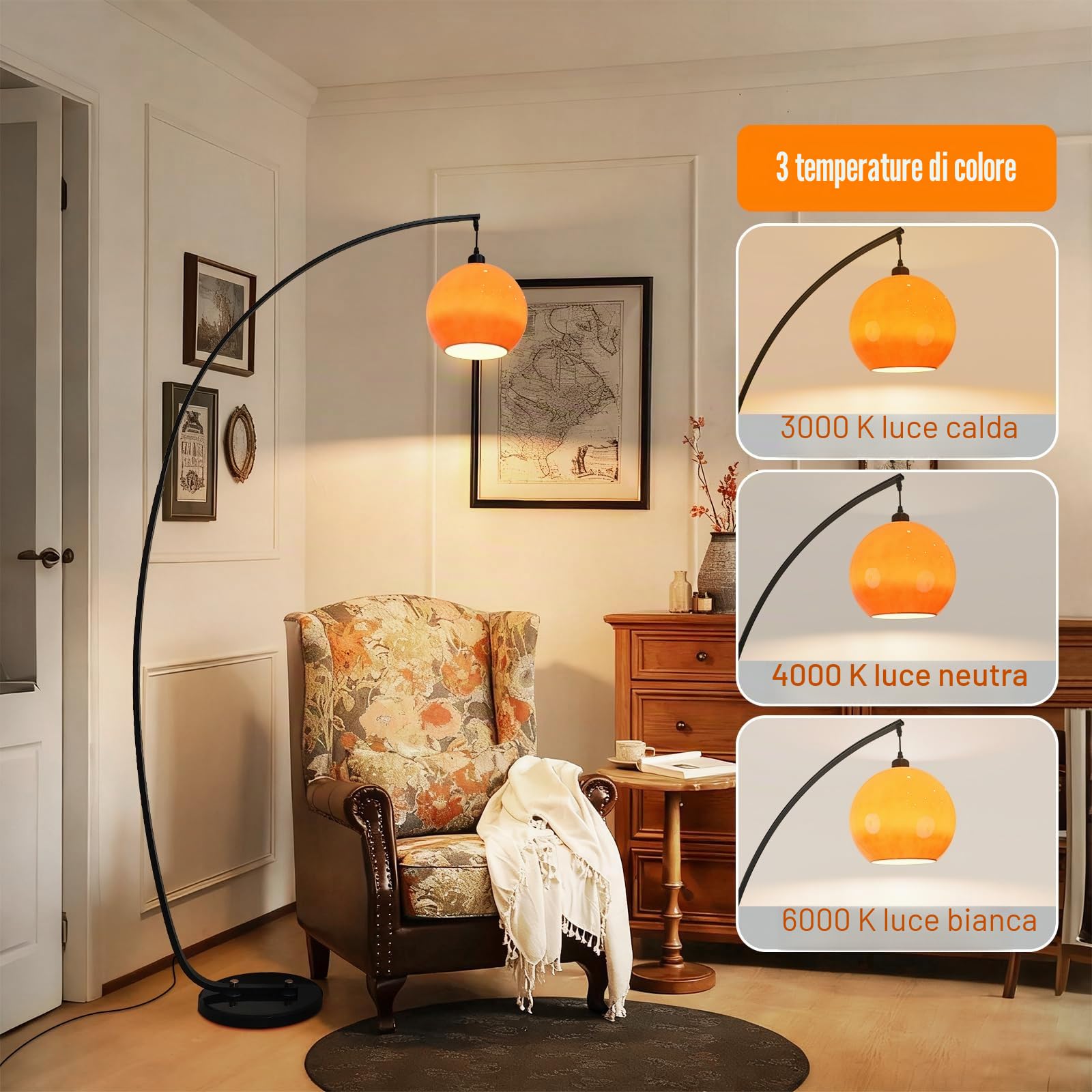 Lampada Da Terra Moderna In Vetro Arancione, Arc Da 70,9", A Globo In Vetro Con Attacco E27 Dimmerabile, Alta Curva Per Soggiorno E Camera Da Letto.