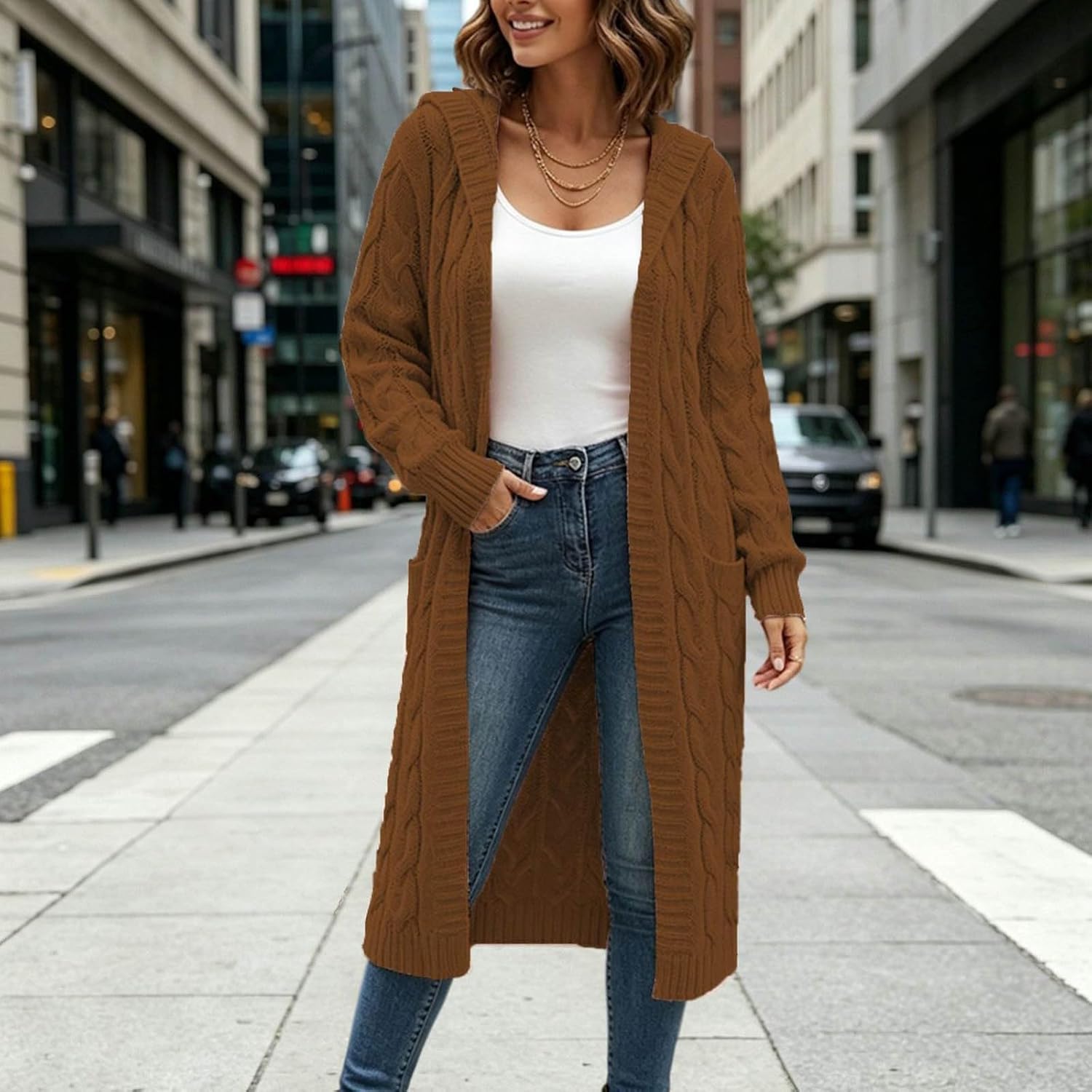 Womens Long Cardigan Sweaters Hooded Knit Chunky Sweater Jacket