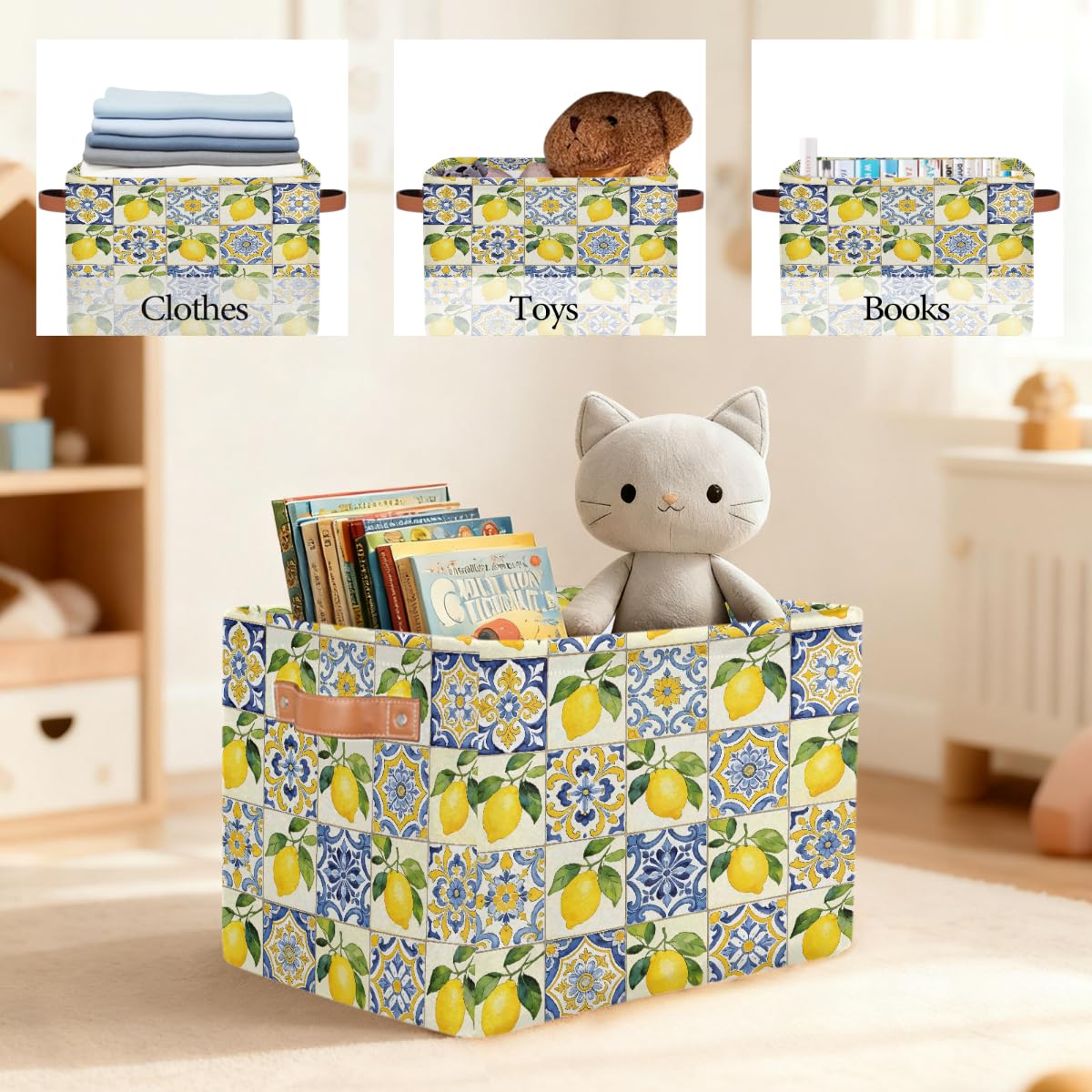 Rechteckiger Aufbewahrungskorb mit Ledergriffen, Retro-Sommer, Zitronenmuster, 2 Stück, faltbarer Stoff-Aufbewahrungskorb für Schrank, Badezimmer, Wohnzimmer, Büro, Spielzeug, Organizer