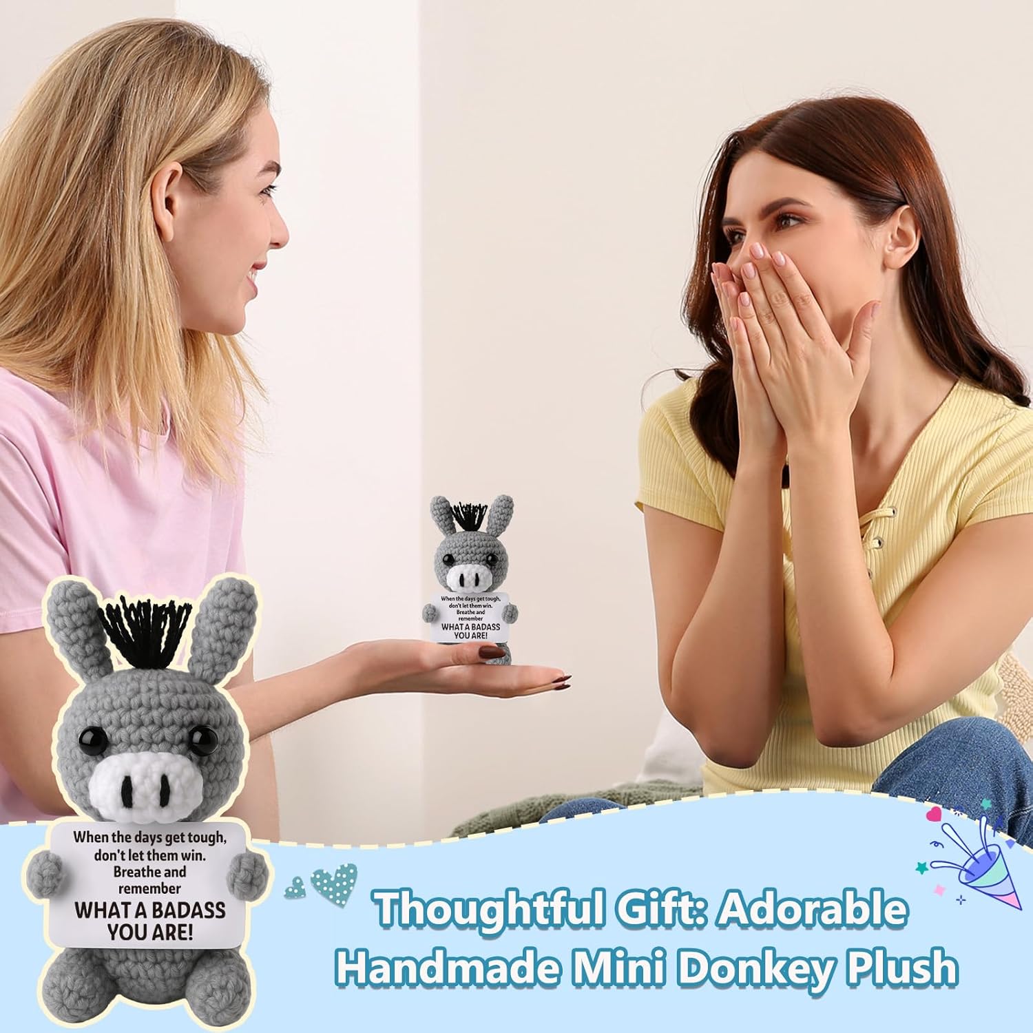 Funny Galentine's Positive Badass Donkey Crochet Animals, Motivational Gift for Women Men Coworkers, Best Friends - Emotional Uplifting Support Small Easter Holiday Basket Stuffer for Grandkids - Image 2