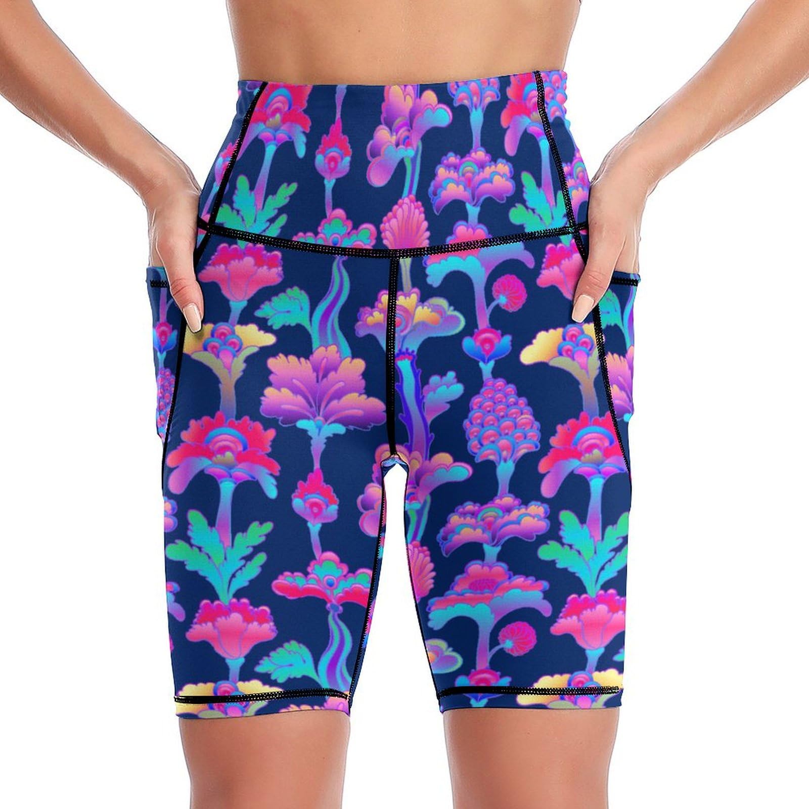 DROEYROEST High Waist Knee Length Biker Shorts Women Tummy Control Workout Yoga Running Leggings with Pockets