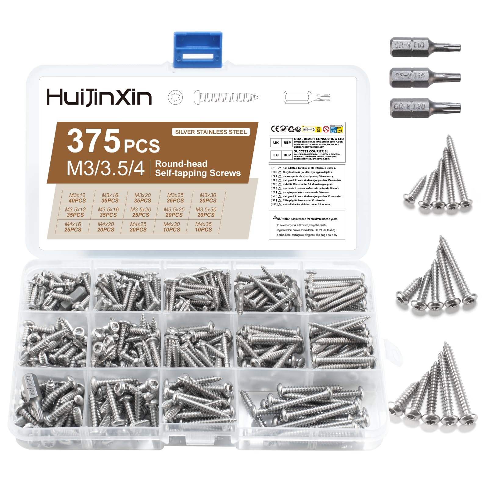 375 Pcs Button Round Head Torx Screws Set, Stainless Steel Sheet Metal Screws, Tamper Proof Self Tapping ScrewsSecurity Screw Set for Wood Mechanical Industry (Silver) (Round head screw)