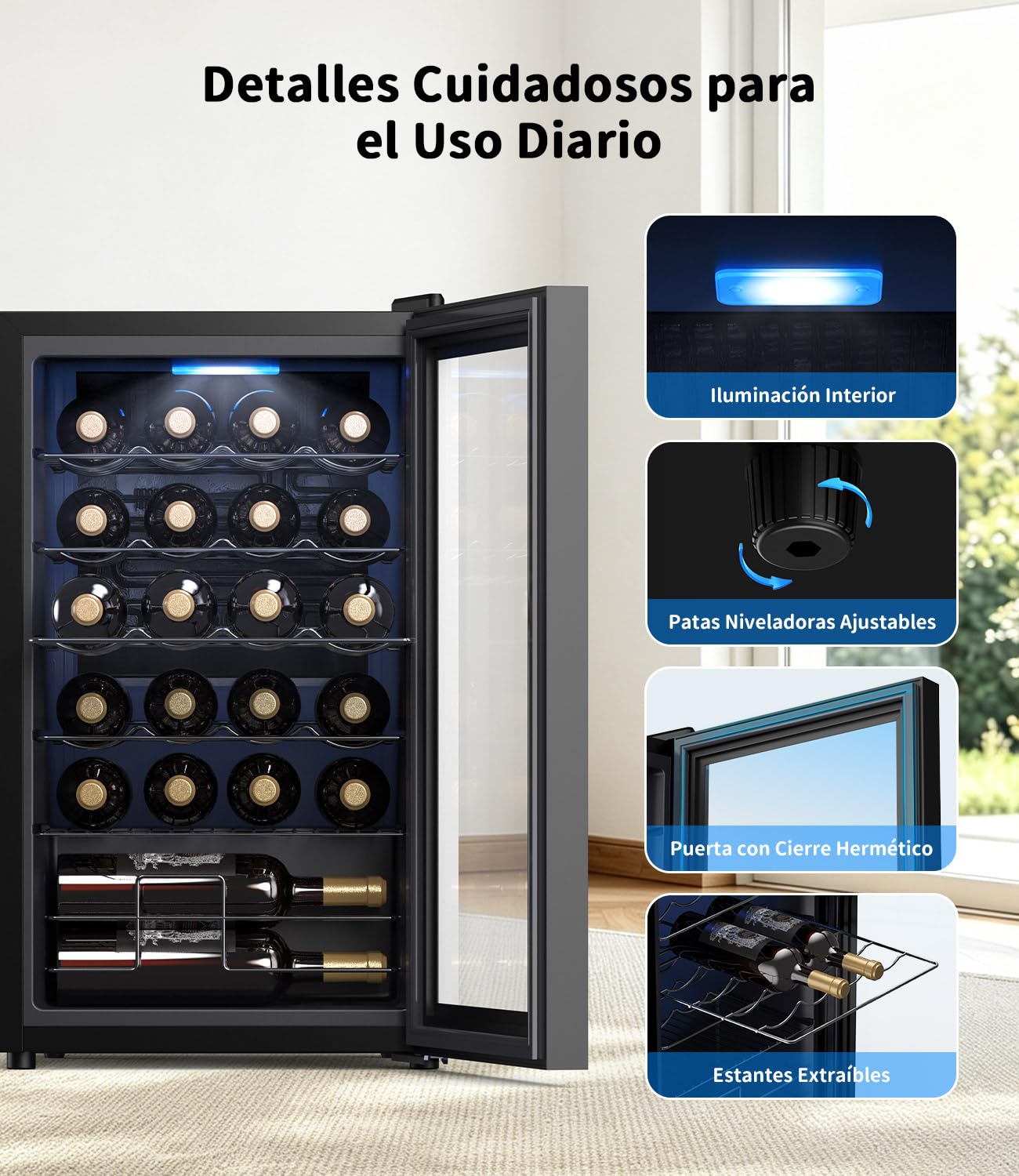 WIE Vinoteca 24 Botellas 70L, Nevera Vinos, con Control Táctil 4-18°C, Iluminación LED, Cava de Vino, ＜43dB, Protección UV, para Vino Tinto/Blanco, Cerveza, Bar Interior | 70L Nevera Profesional 6-Estantes Soporte Ajustable Protección Anti-UV Refrigeració
