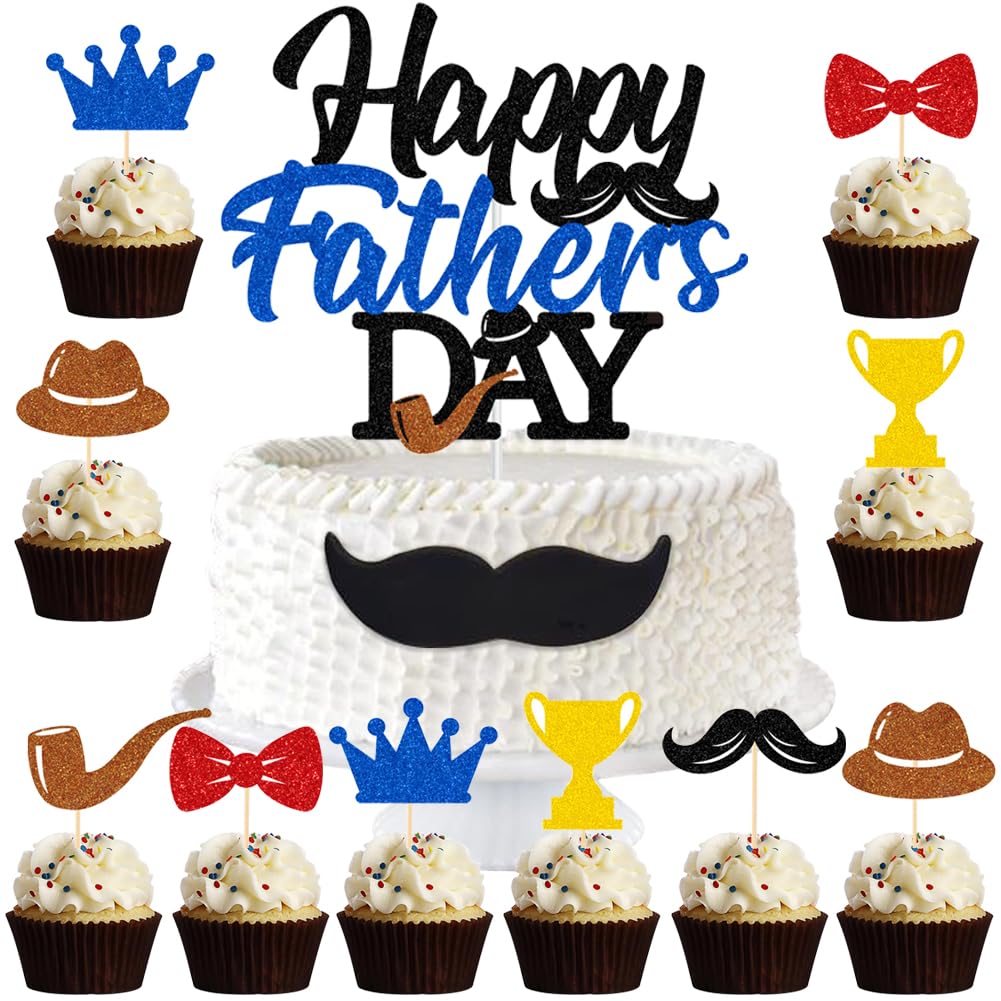 MEZHEN Father's Day Cake Decoration Set - 37 Paper Cake Toppers & Decorations - Blue, Red