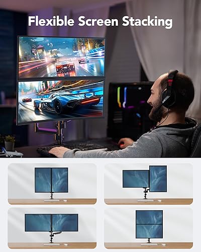 Miniatura 3 de HUANUO Soporte para monitor dual de hasta 32 pulgadas, soporte de monitor más alto con capacidad para 19.8 libras, soporte de escritorio con brazo