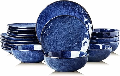 vicrays Juego de vajilla de 18 piezas, platos llanos de cerámica acanalados, platos de ensalada, cuencos, aptos para microondas, horno y