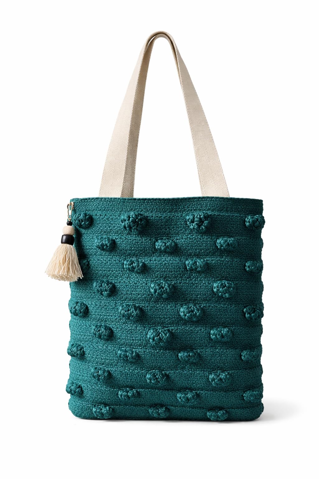 Woven Tote Bag with Tassel, Greenish-blue and Natural Striped Pattern, Fringe Detail, Canvas Shoulder Bag, Eco Friendly, Womens Tote Bag Boho Style Bags 16x15 Inches-image-28