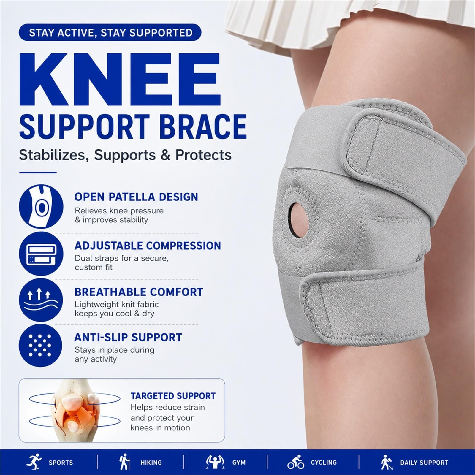 Rodillera para desgarro de menisco y alivio del dolor articular, manga de compresión de grado médico con almohadilla de gel para la rótula y estabilizadores laterales para soporte deportivo en ca