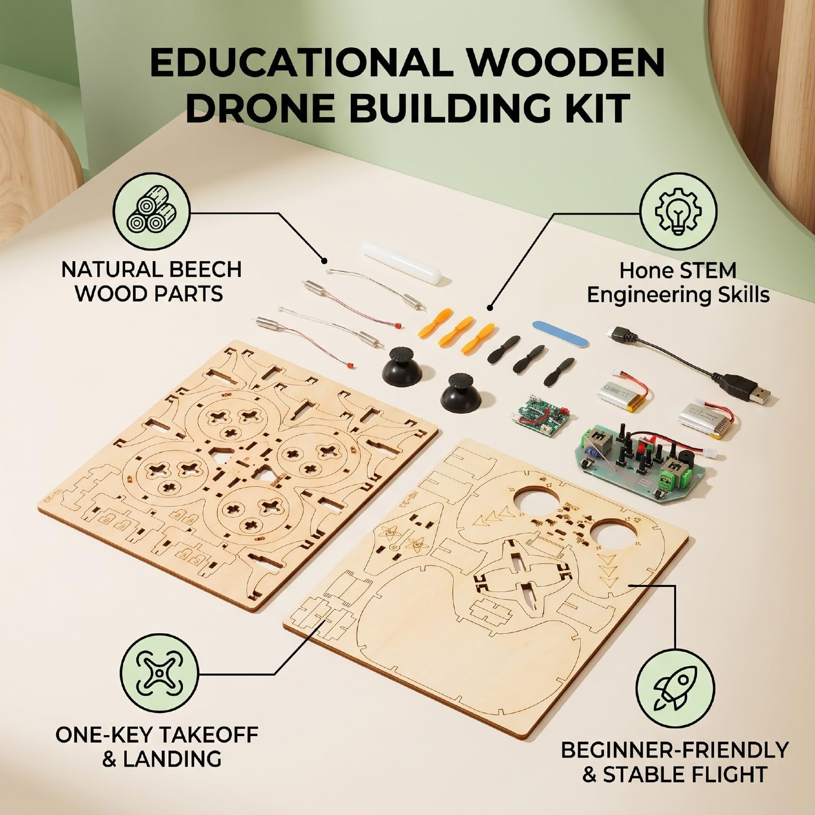 Sxhlseller Kit Modello di Drone RC in Legno per Adolescenti e Adulti, Set di Blocchi di Quadricottero in Legno di Faggio con Telecomando e Apprendimento STEM