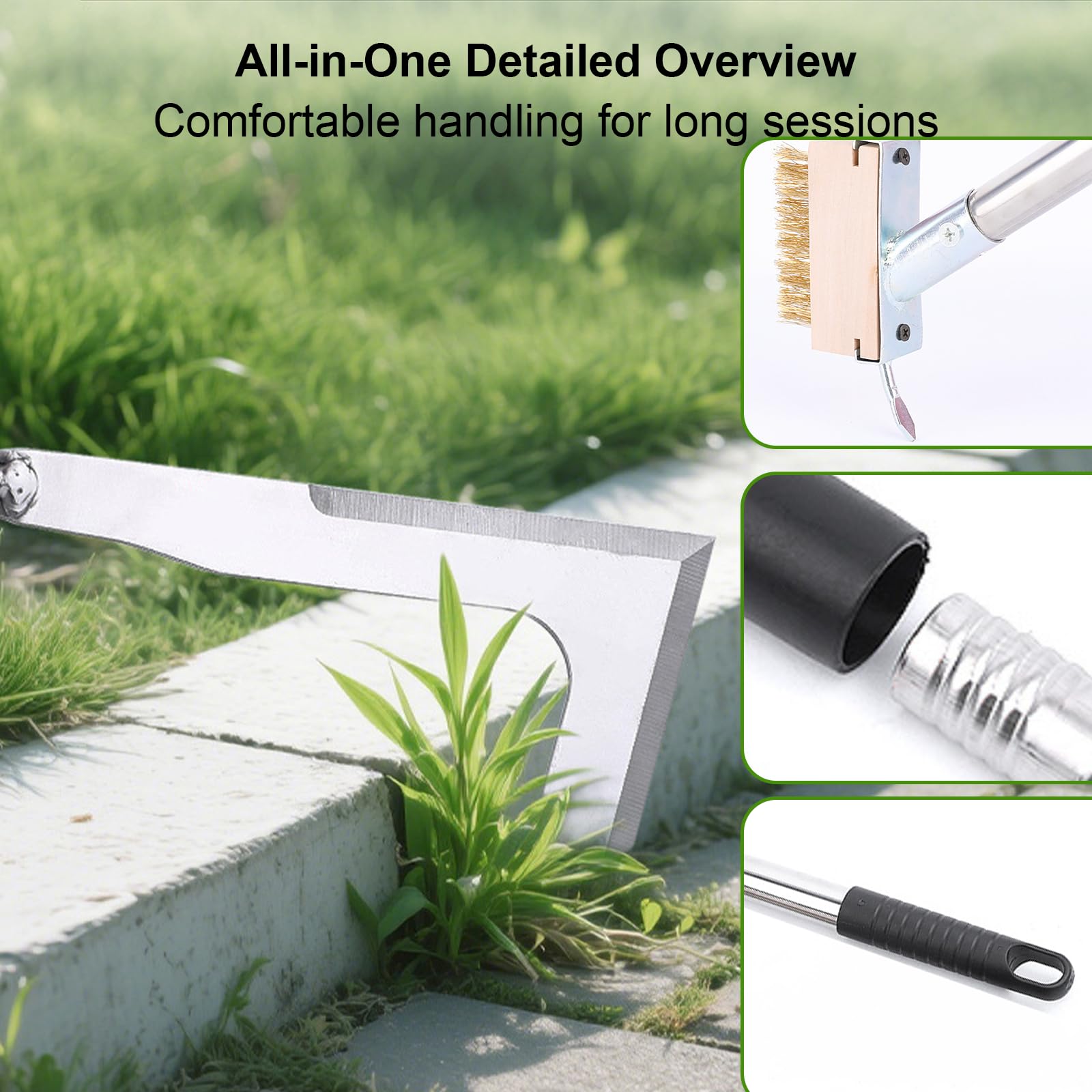Langer Griff Crack Weeder Tool Set mit verstellbarem 160 cm Griff, 2-in-1 Edelstahl-Fugendüse & Bürste für Unkraut- und Moosentfernung von Terrassen, Einfahrten, Gehweg-Rissen