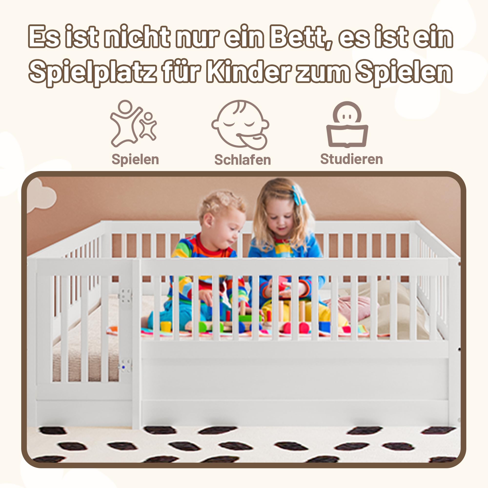 Kinderbett 140x200 cm, Montessori Bodenbett aus Holz mit Gitter und Tür, Kinder Bettgestell mit Rausfallschutz, Niedriges Holzbett für Kinderzimmer, Jungen Mädchen, Weiß
